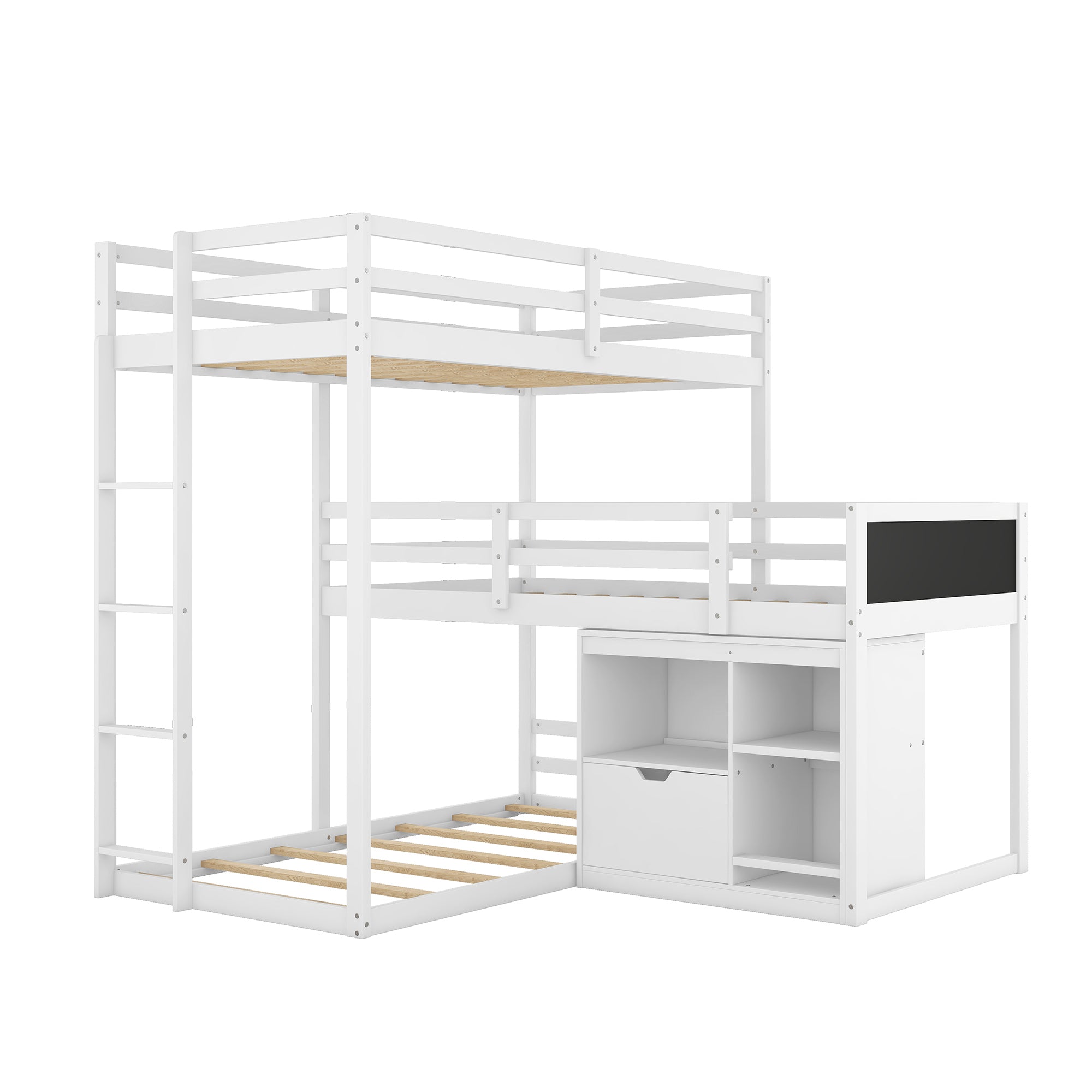 L-shaped Wood Triple Twin Size Bunk Bed with Storage Cabinet and Blackboard, Ladder, White