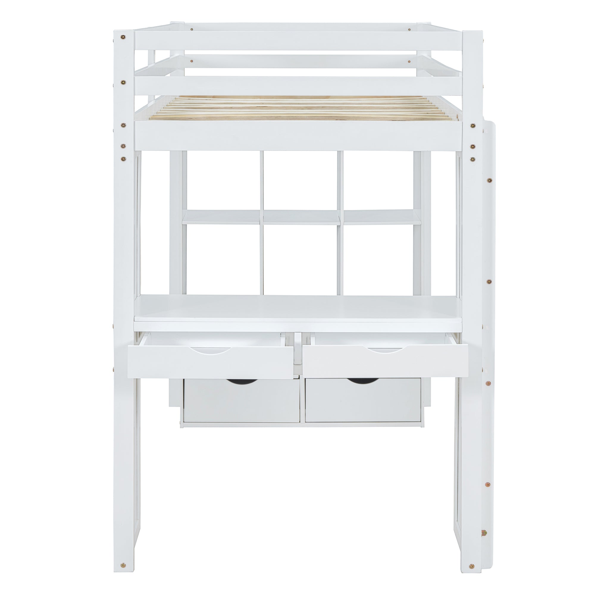Twin Size Loft Bed with large shelves, writing desk and LED Light, White - Atlantic Fine Furniture Melbourne FL