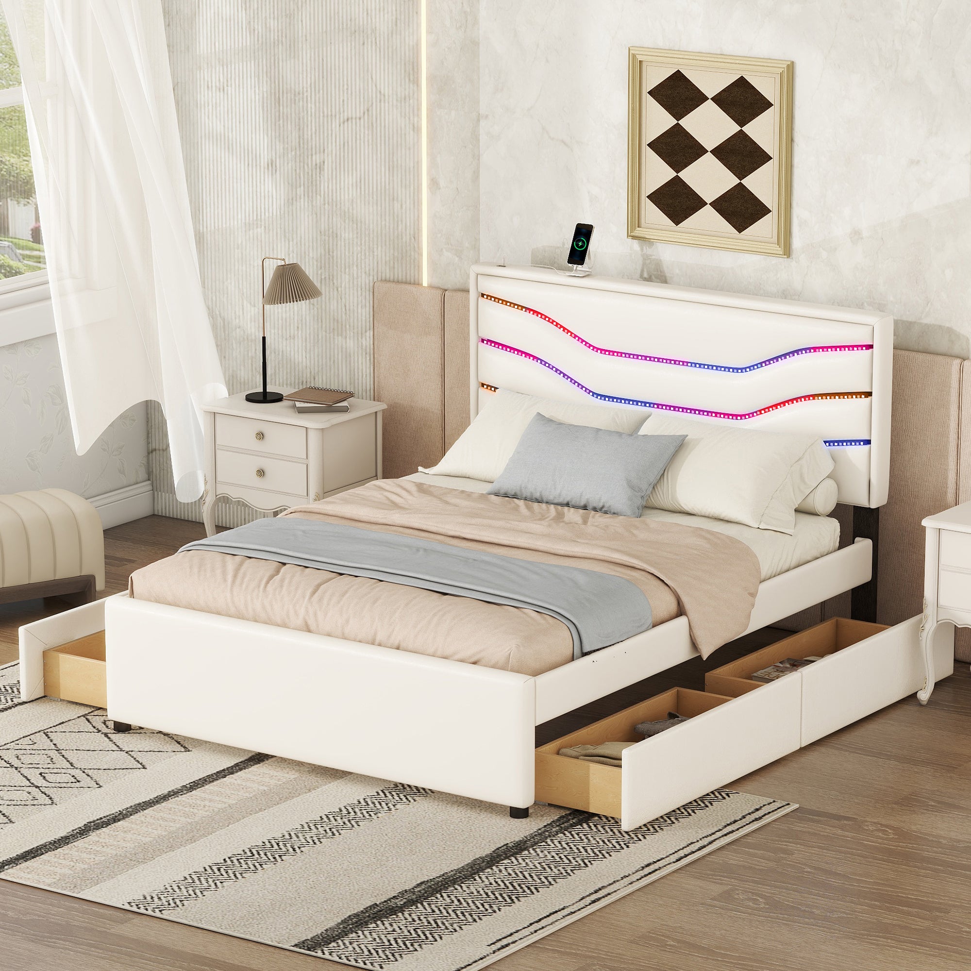 Queen Size Upholstered Storage Platform Bed with LED, 4 Drawers and USB Charging, White - Atlantic Fine Furniture Melbourne FL