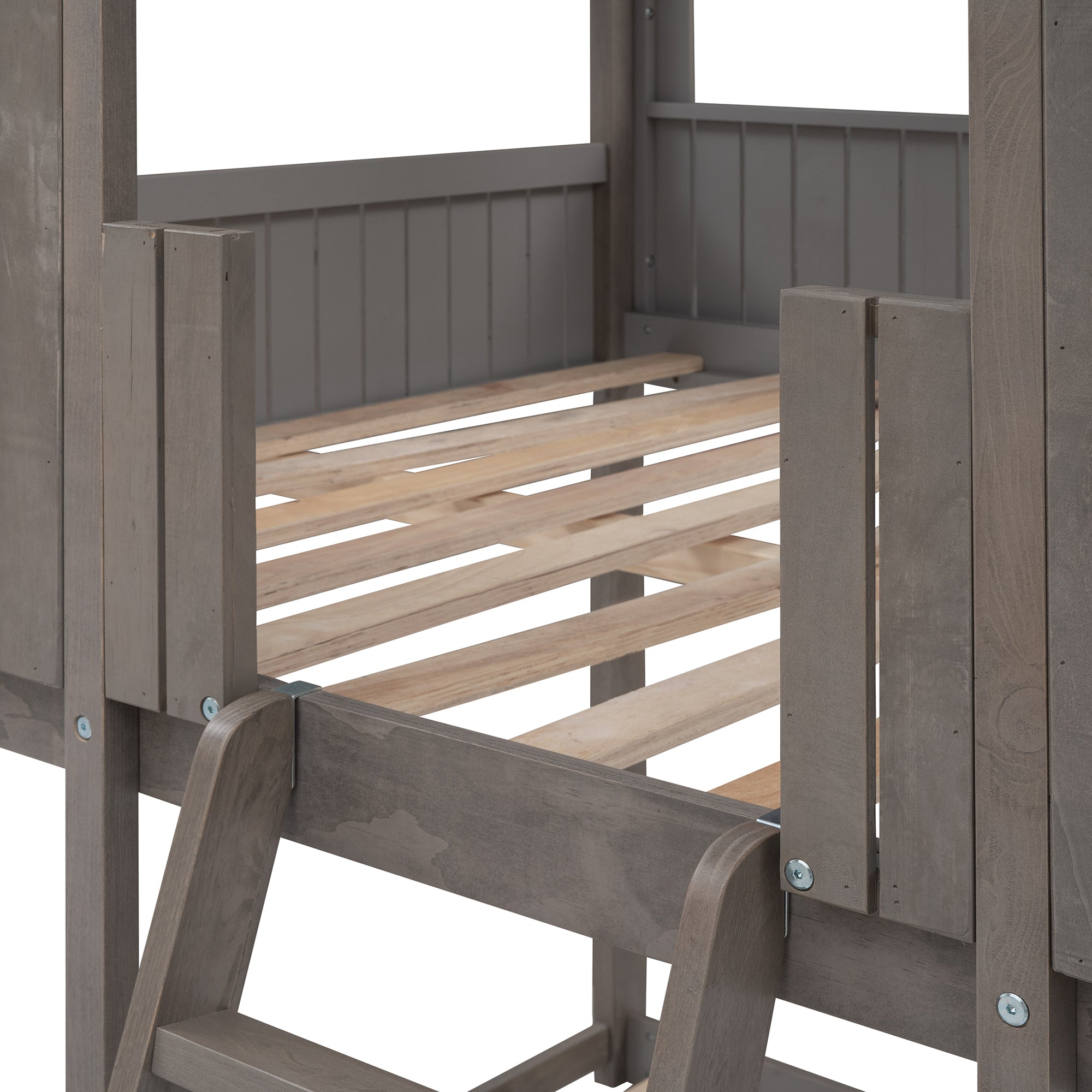 Full Over Full WoodBunk Bed with Roof, Window, Guardrail, Ladder(Antique Gray)( old sku: LT000031AAE ) - Atlantic Fine Furniture Melbourne FL