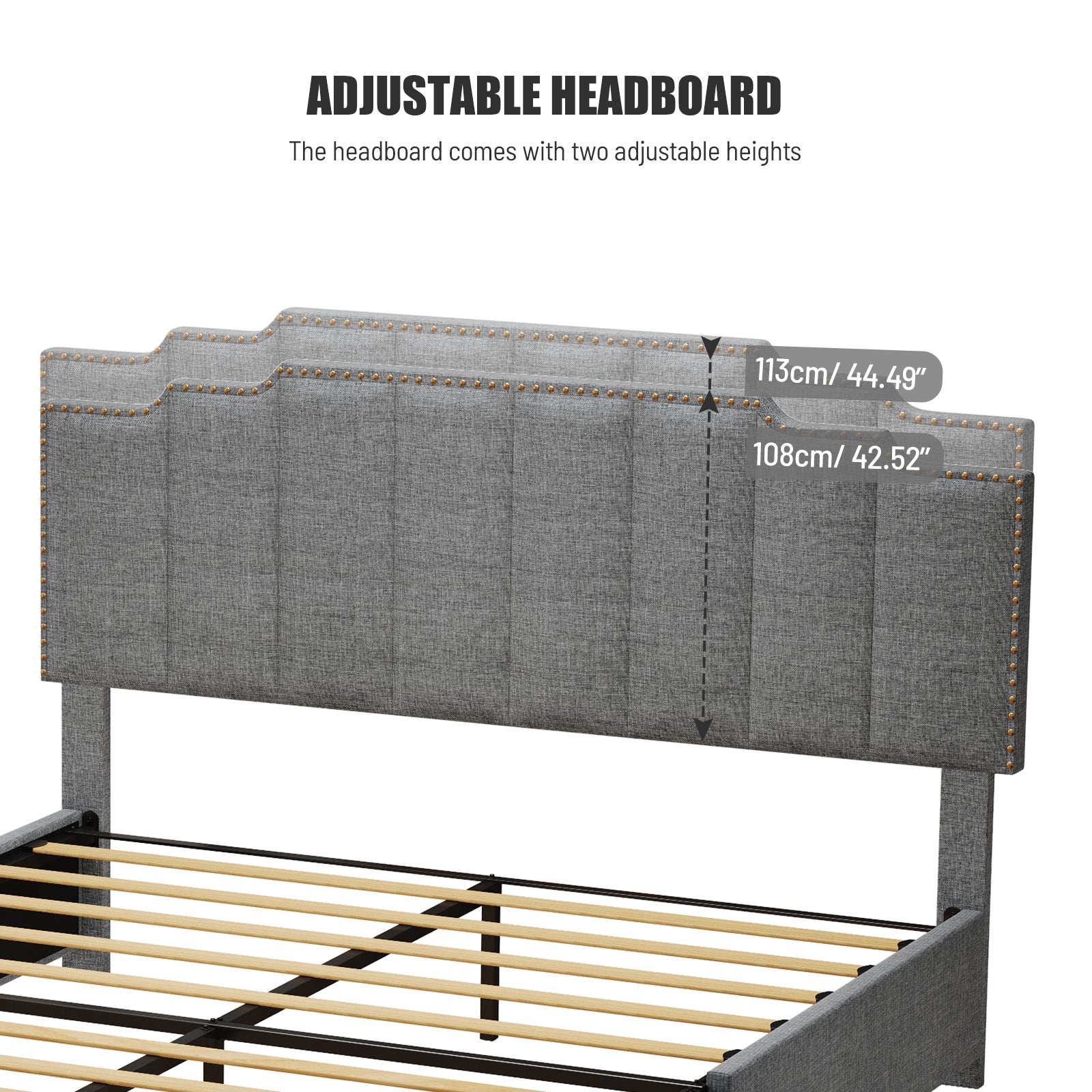Queen Size Upholstered Platform Bed Linen Bed Frame with 2 Drawers Stitched Padded Headboard with Rivets Design Strong Bed Slats System No Box Spring Needed Grey - Atlantic Fine Furniture Melbourne FL