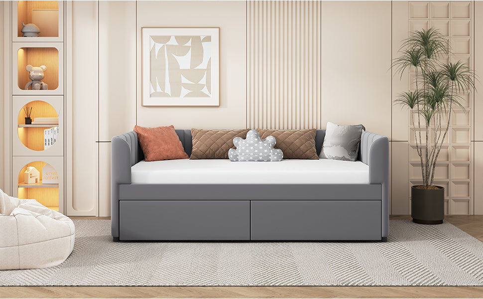 Twin Size Upholstered Daybed with Ergonomic Design Backrest and 2 Drawers, Gray - Atlantic Fine Furniture Melbourne FL