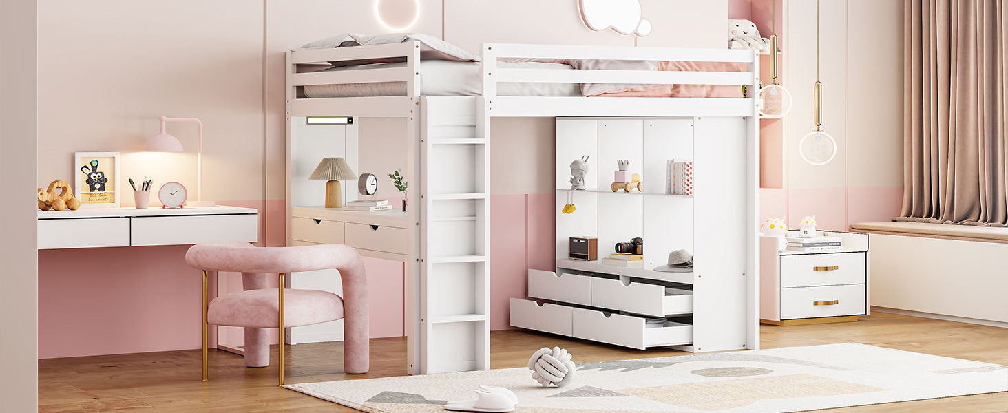 Full Size Loft Bed with large shelves, writing desk and LED Light, White - Atlantic Fine Furniture Melbourne FL