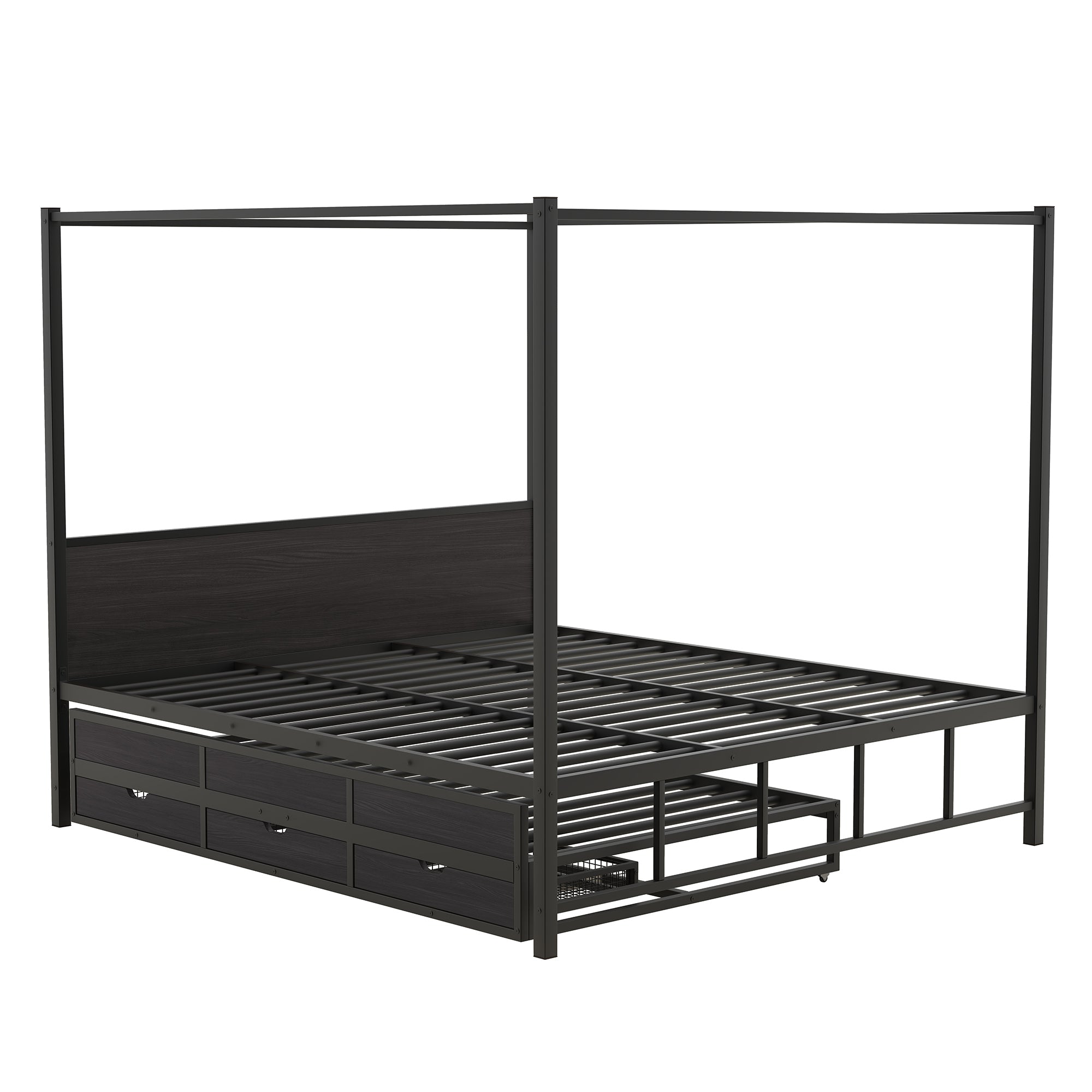 Queen Size Metal Canopy Platform Bed with Twin Size Trundle and 3 Storage Drawers, Black - Atlantic Fine Furniture Melbourne FL