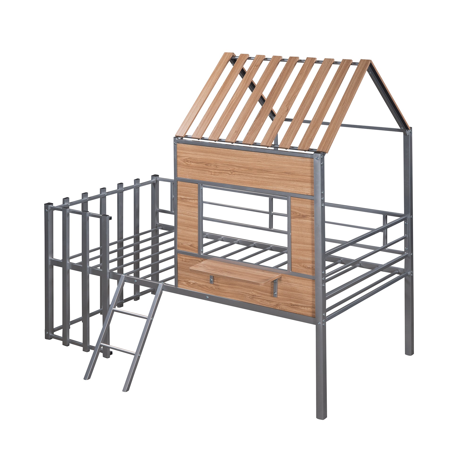 Metal Twin size Loft Bed with Roof, Window, Guardrail, Ladder Silver - Atlantic Fine Furniture Melbourne FL