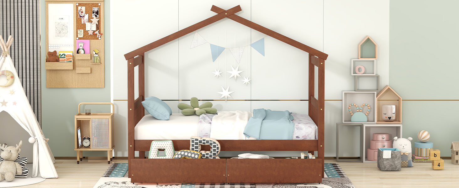 Twin Size Wooden House Bed with Drawers, Walnut - Atlantic Fine Furniture Melbourne FL