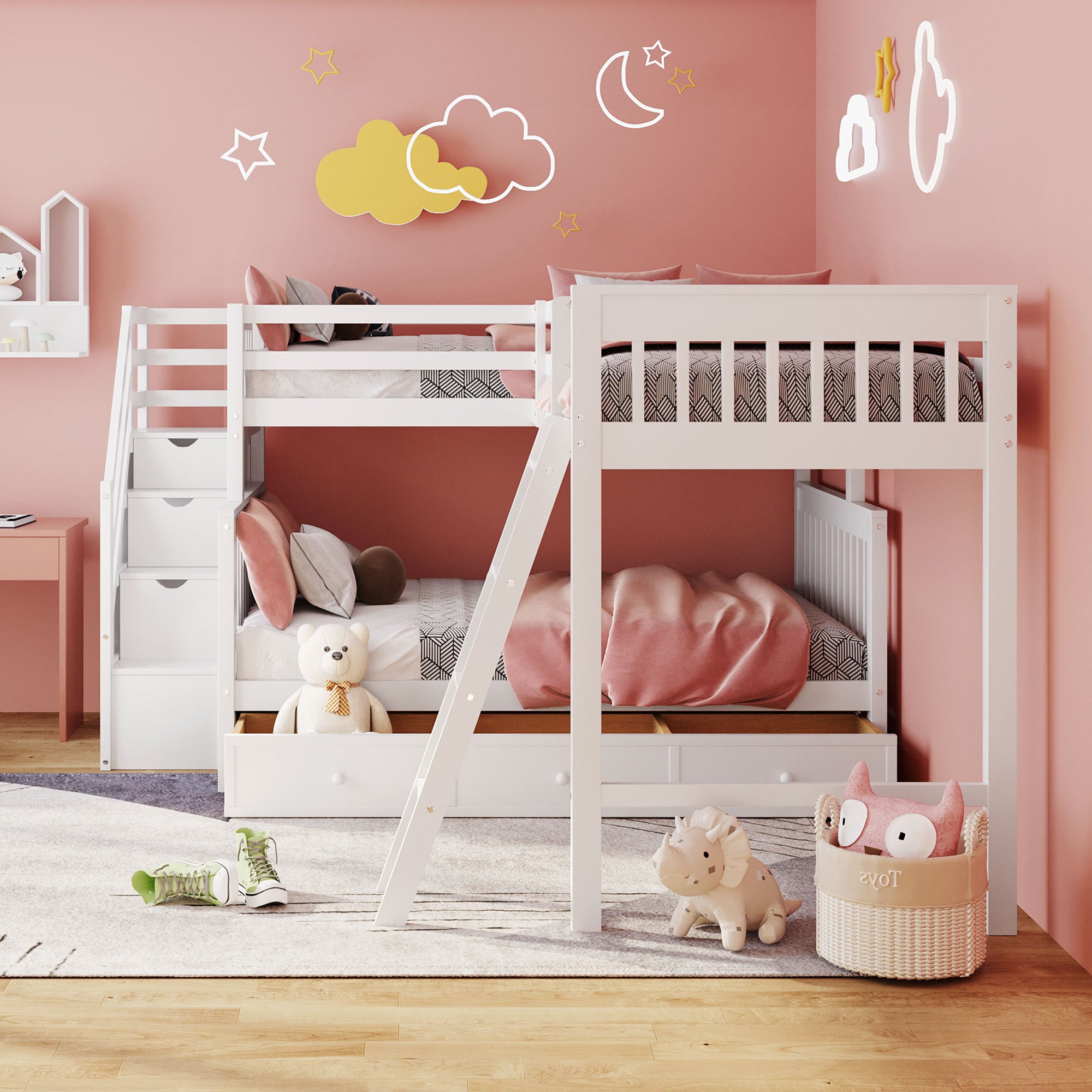 Twin over Full L-Shaped Bunk Bed With 3 Drawers, Ladder and Staircase - White - Atlantic Fine Furniture Melbourne FL
