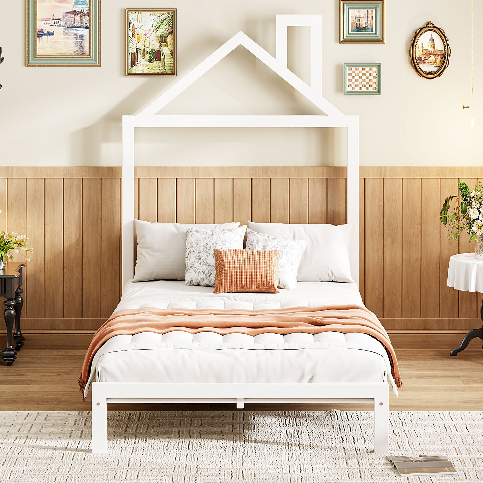 Twin Size Metal Platform Bed with House-Shaped Headboard Design, White - Atlantic Fine Furniture Melbourne FL
