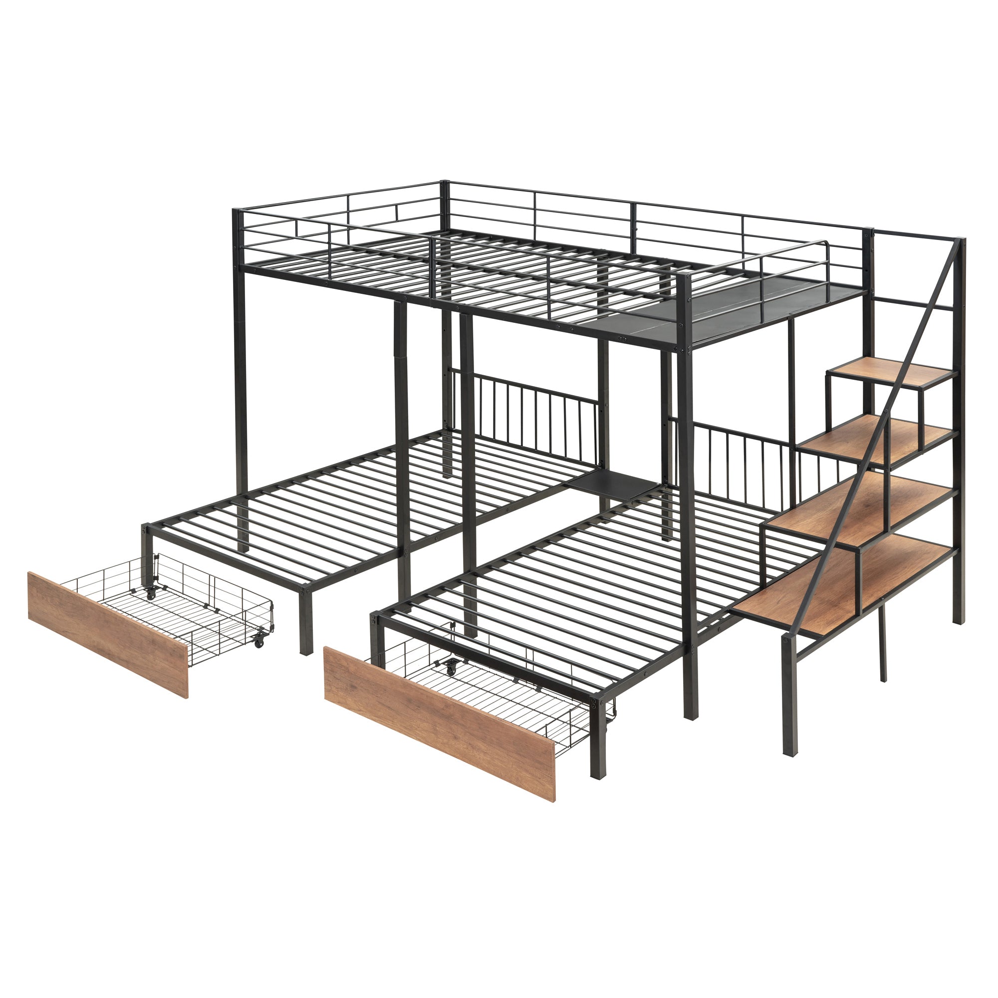 Full over Twin-Twin Triple bunk bed with drawers and staircase, Black - Atlantic Fine Furniture Melbourne FL