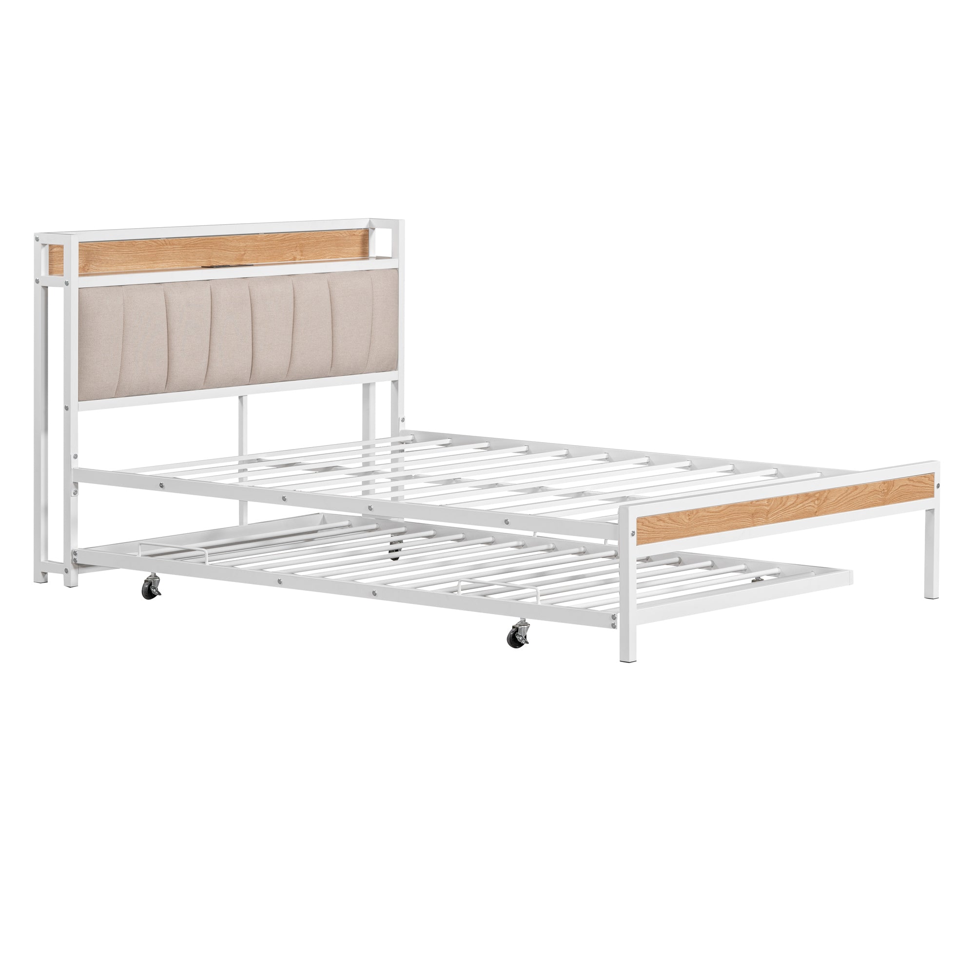 Full Size Metal Platform Bed Frame with Twin size trundle, Upholstered headboard, Sockets, USB Ports and Slat Support, No Box Spring Needed, White - Atlantic Fine Furniture Melbourne FL