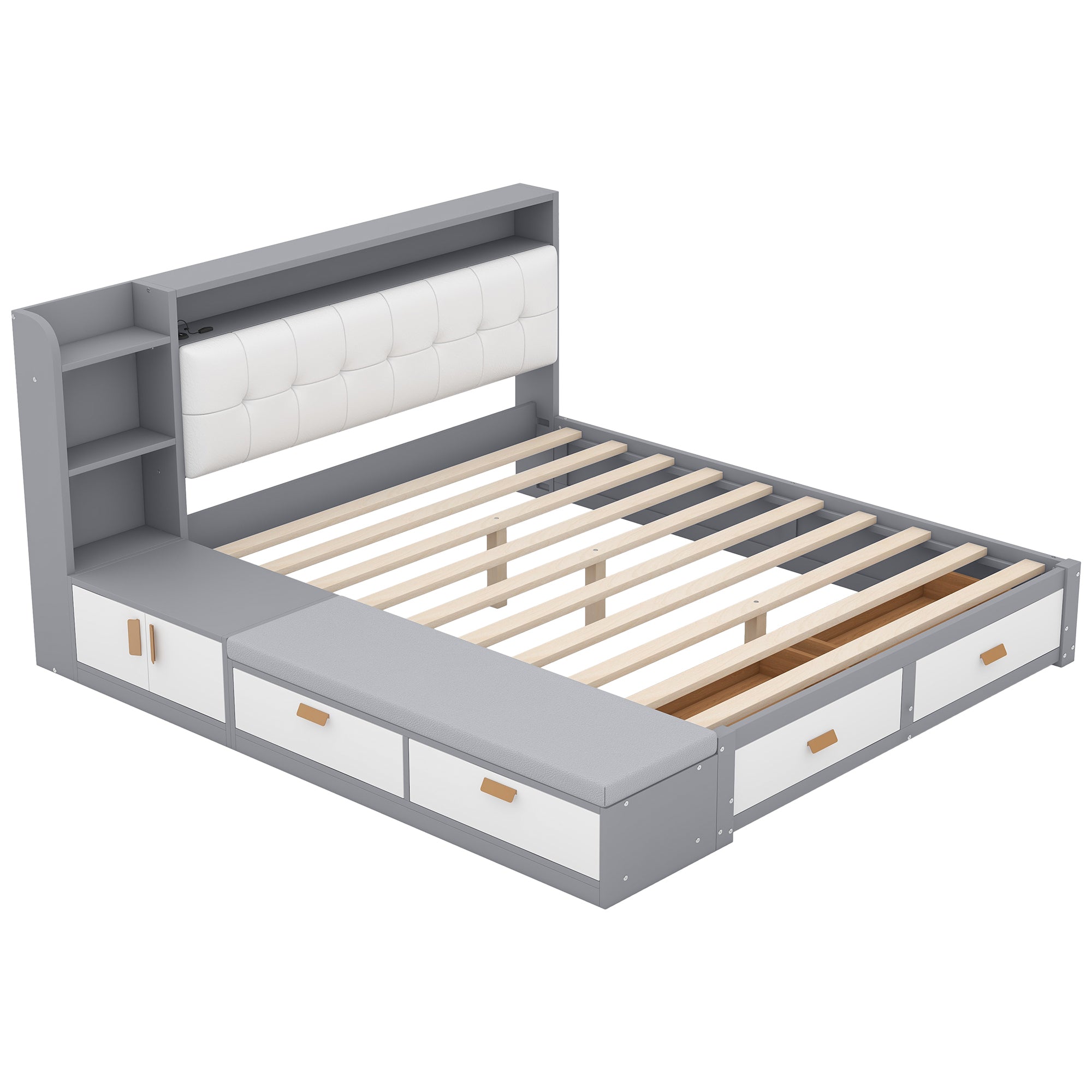 Queen Size Low Profile Platform Bed Frame with Upholstery Headboard and Storage Shelves and Drawers,USB Charging Design,Gray - Atlantic Fine Furniture Melbourne FL