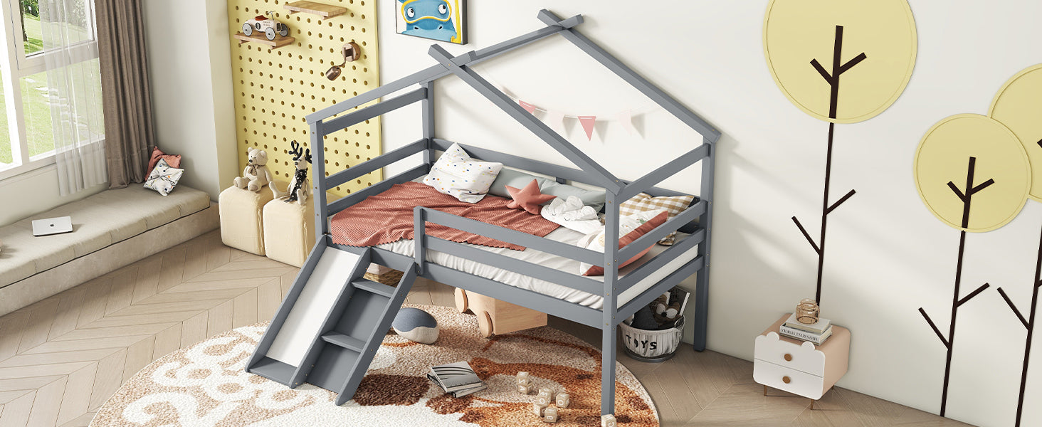Twin Low Loft House Bed with Slide, Ladder, Safety Guardrails, House Roof Frame,Grey