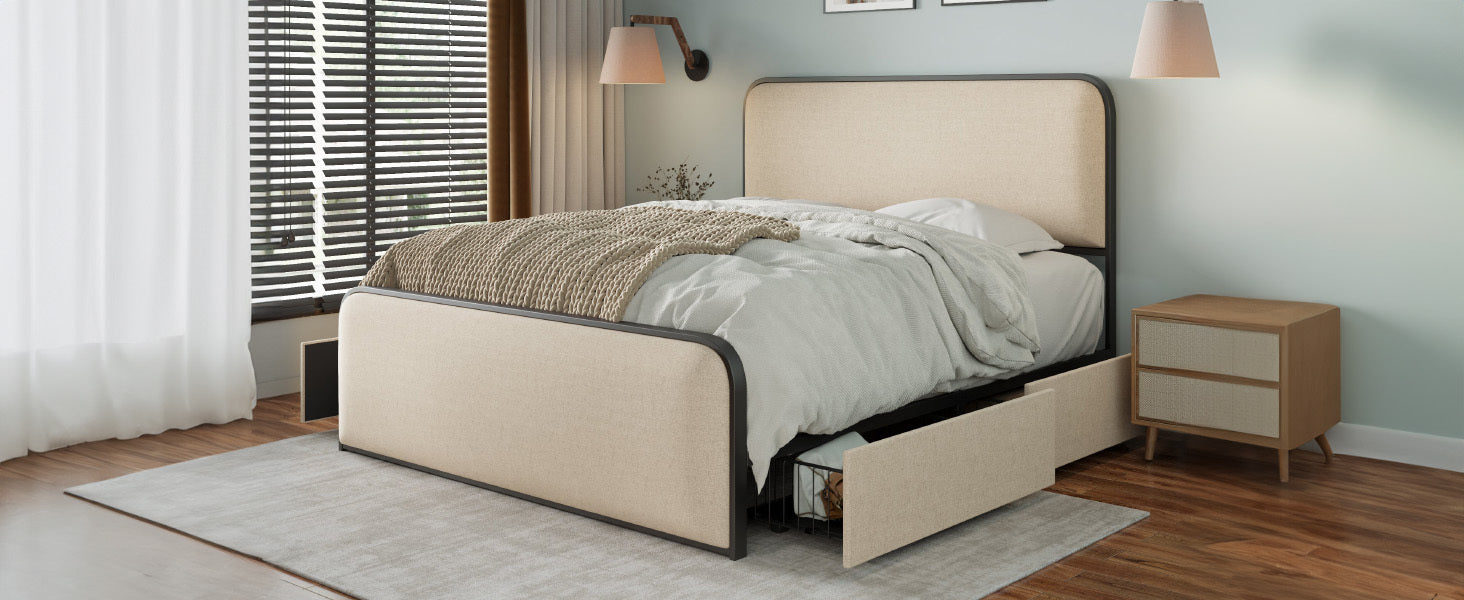 Modern Metal Bed Frame with Curved Upholstered Headboard and Footboard Bed with 4 Storage Drawers, Heavy Duty Metal Slats, Full Size, Beige