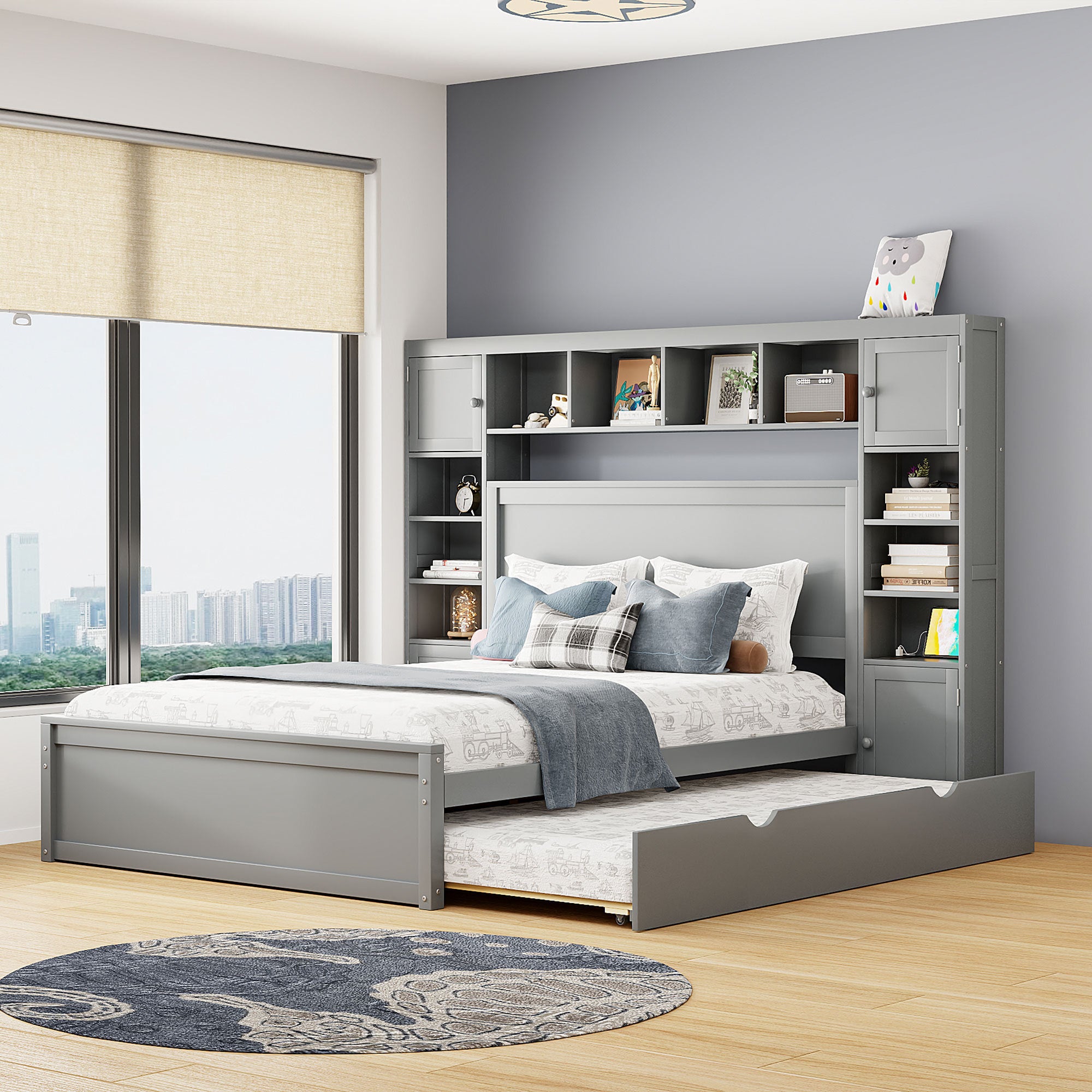 Queen Size Wooden Bed With All-in-One Cabinet, Shelf and Sockets, Gray - Atlantic Fine Furniture Melbourne FL