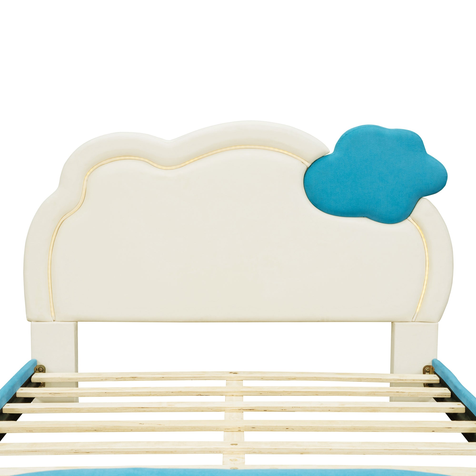 Full Size Upholstered Platform Bed with Cloud-Shaped Headboard and Embedded Light Stripe, Velvet, Blue - Atlantic Fine Furniture Melbourne FL