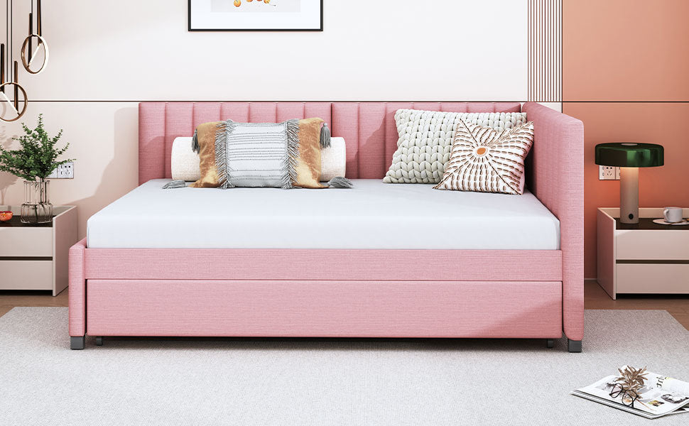 Full Size Upholstered Daybed with Trundle Sofa Bed Frame No Box Spring Needed, Linen Fabric(Pink) - Atlantic Fine Furniture Melbourne FL
