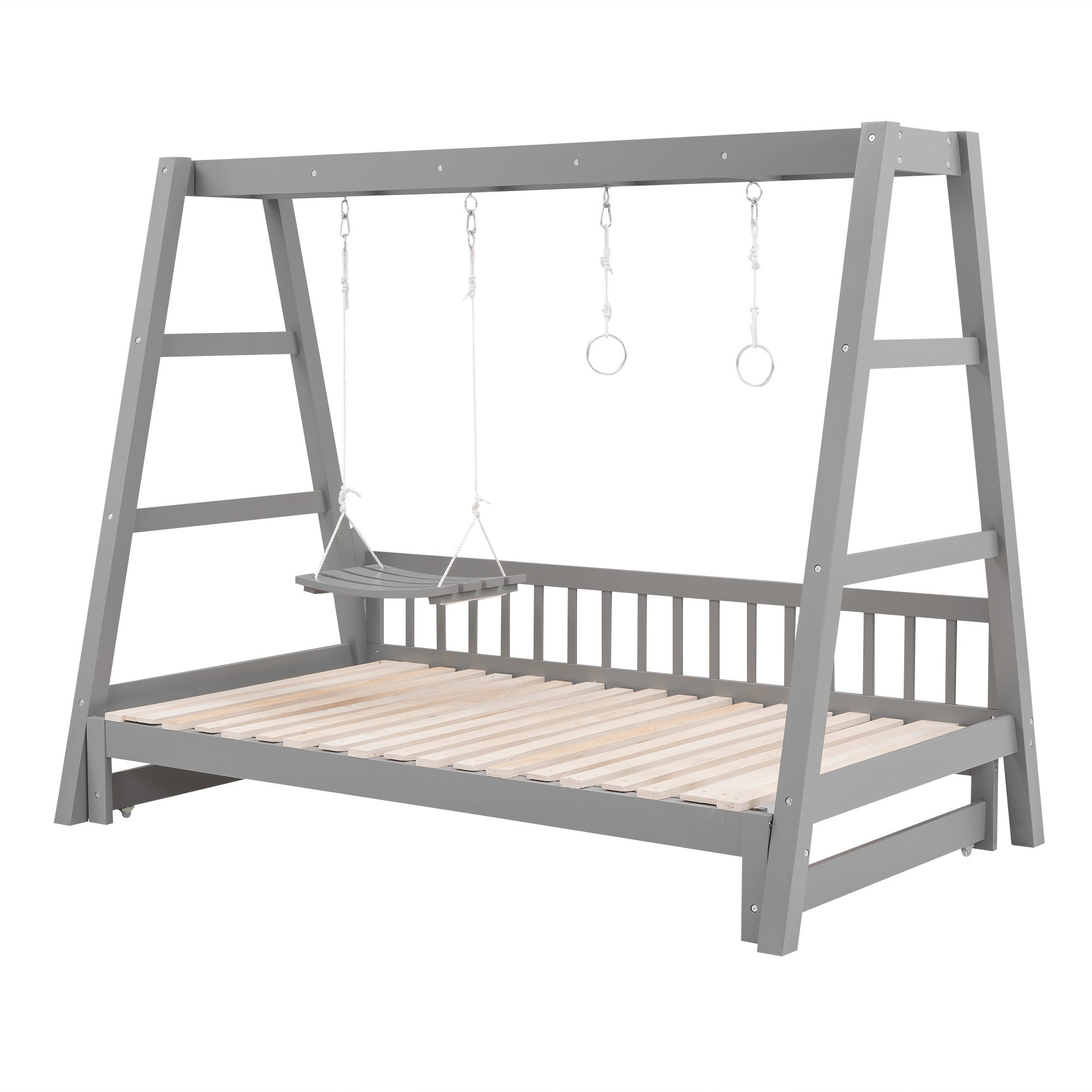 Extendable Twin Daybed with Swing and Ring Handles, Gray(Twin bed can be pulled out to be King) - Atlantic Fine Furniture Melbourne FL