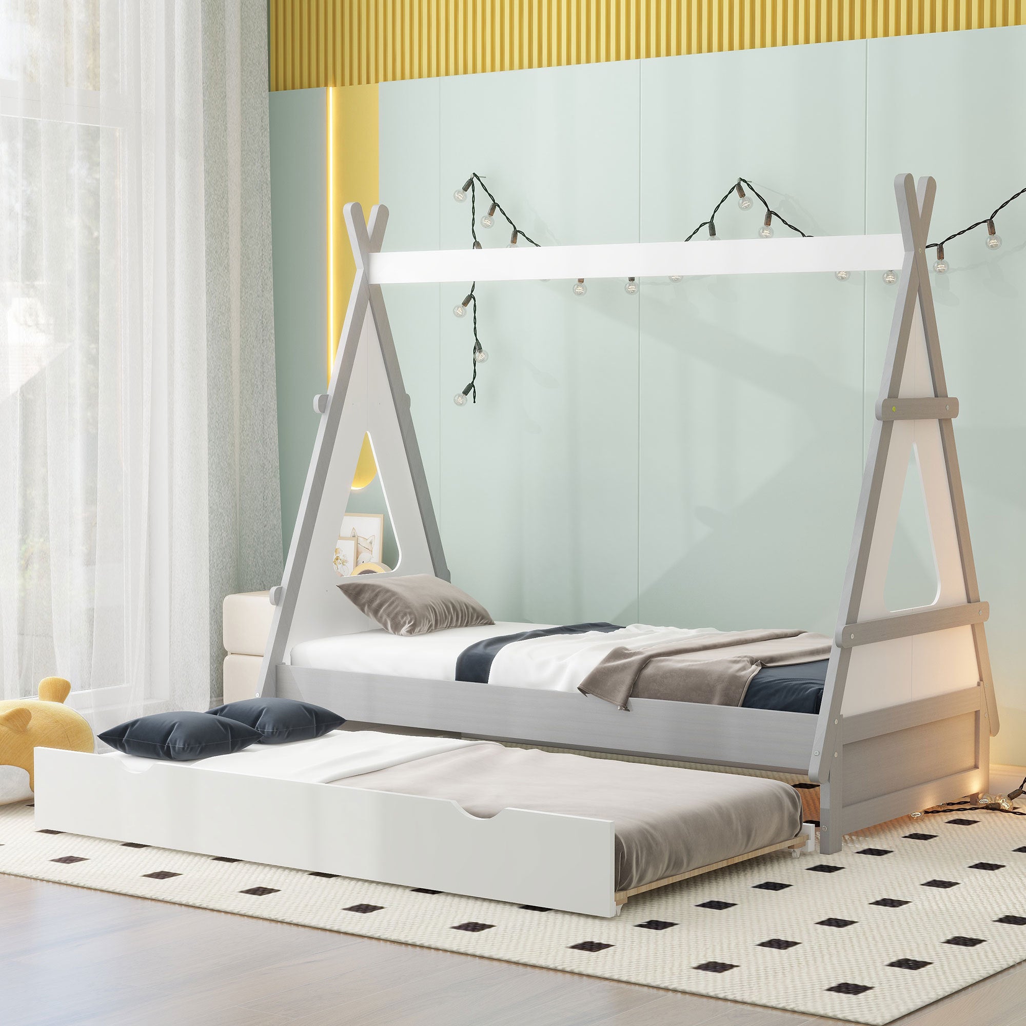 Twin Size Tent Floor Bed with Pull-out Twin Size Trundle, White - Atlantic Fine Furniture Melbourne FL