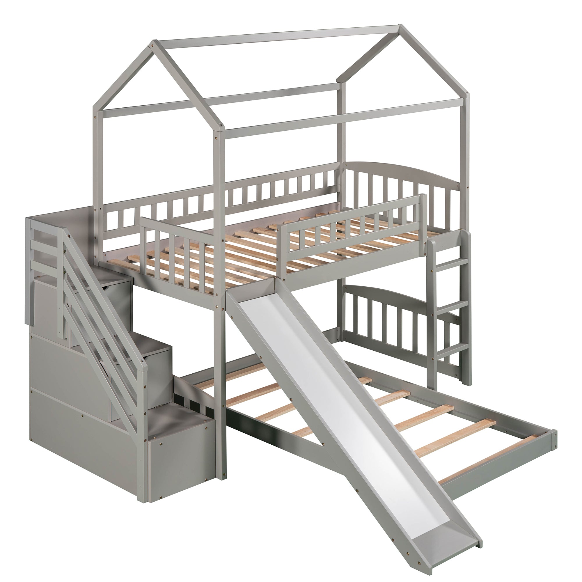 Twin Over Twin Bunk Bed with Two Drawers and Slide, House Bed with Slide, White(OLD SKU :LP000129AAE)