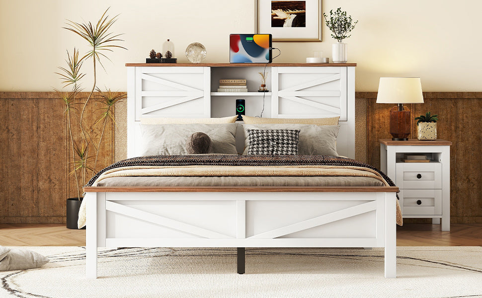 Farmhouse Platform Bed with Double Sliding Barn Door, Queen Size Rustic Wood Bed with
Charging Station, Wood Slats Support, White+Brown
