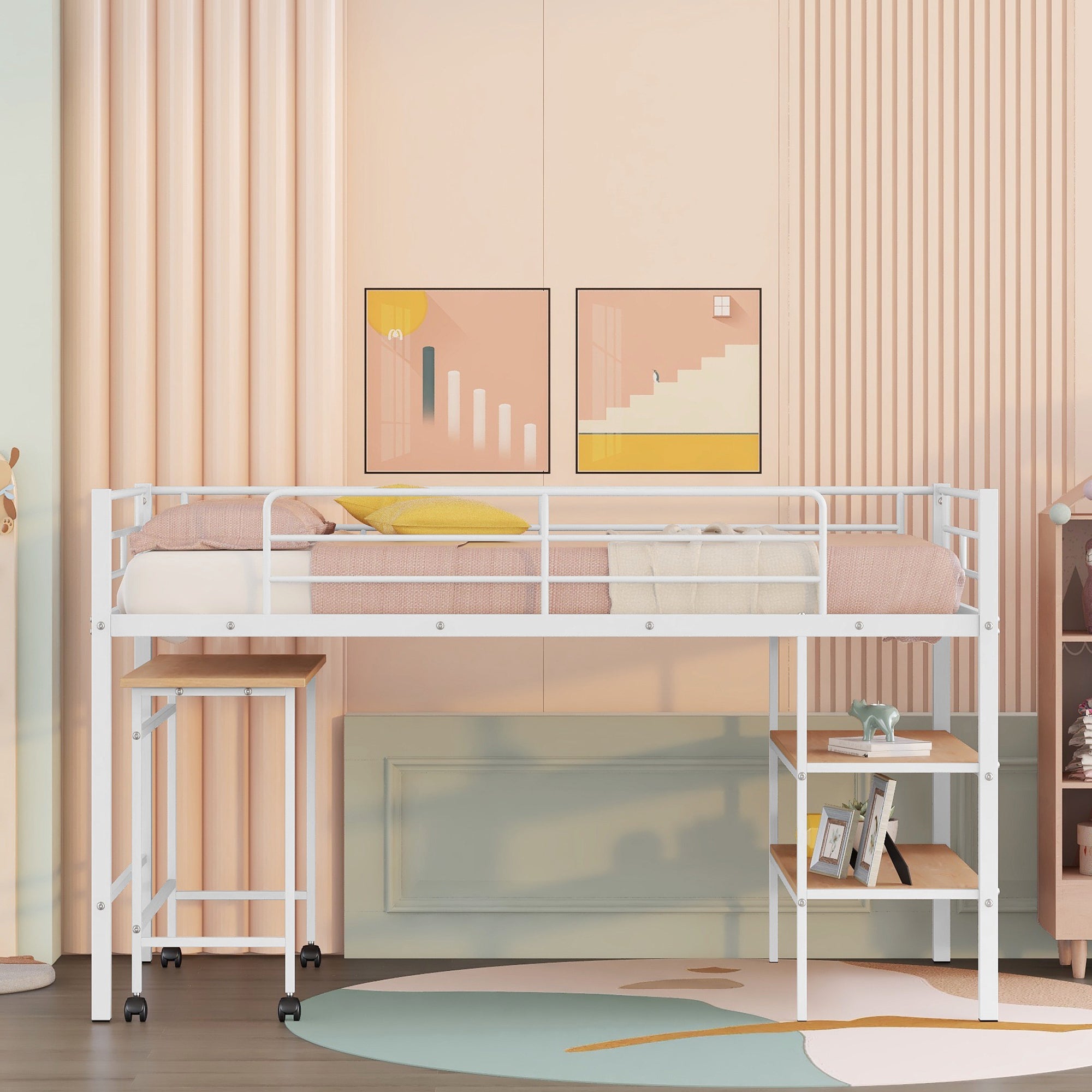 Twin Size Metal Loft Bed with Desk and Shelves,White - Atlantic Fine Furniture Melbourne FL