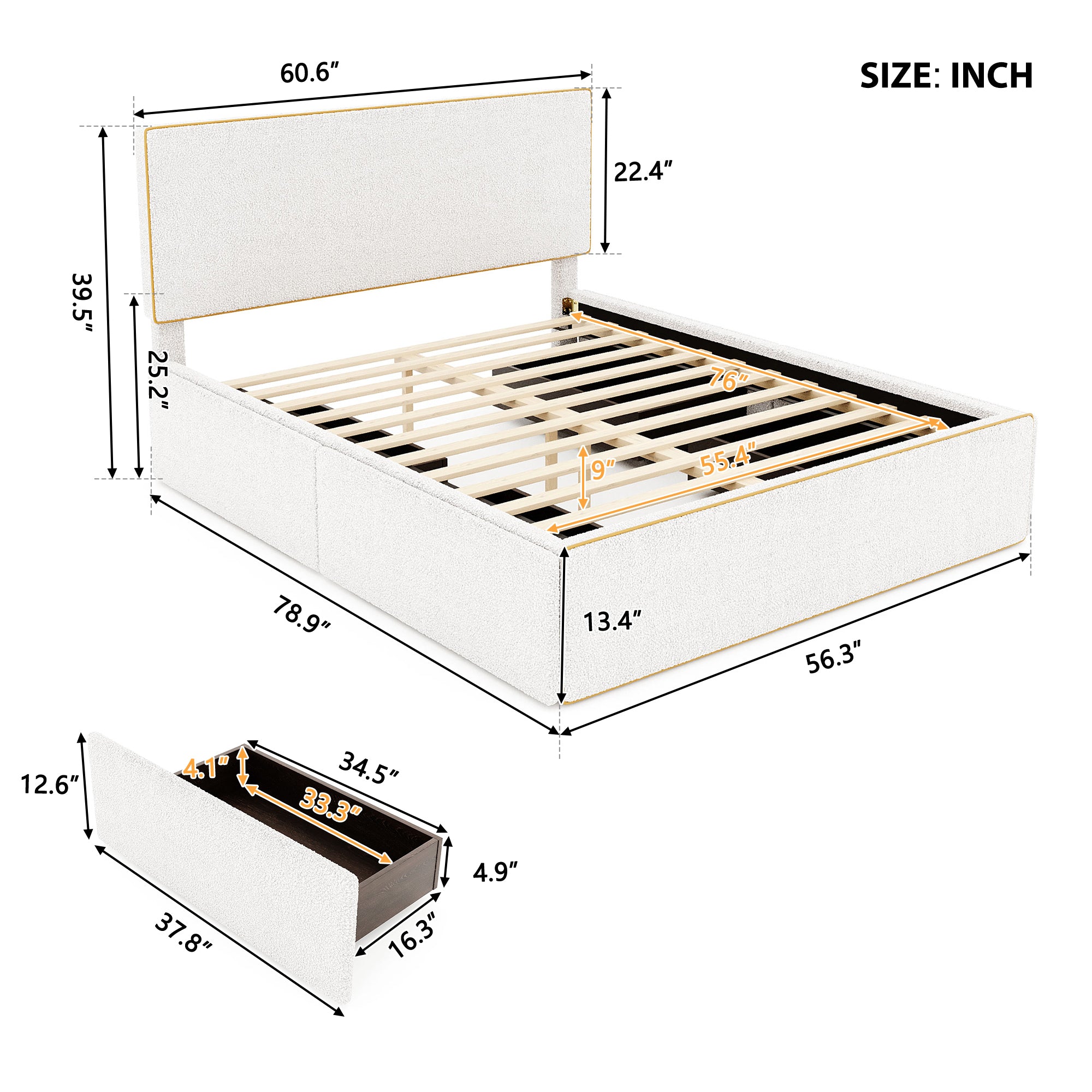 Full Size Upholstered Platform Bed with 4 Drawers and Golden Edge on the Headboard & Footboard, White - Atlantic Fine Furniture Melbourne FL