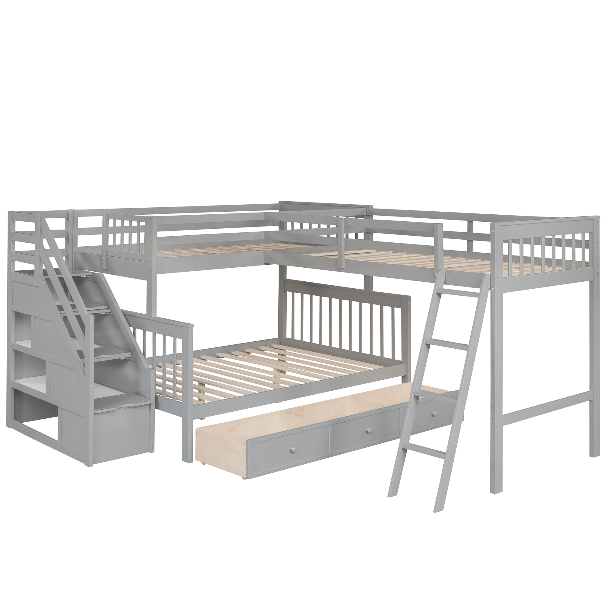Twin over Full L-Shaped Bunk Bed With 3 Drawers, Ladder and Staircase - Gray - Atlantic Fine Furniture Melbourne FL