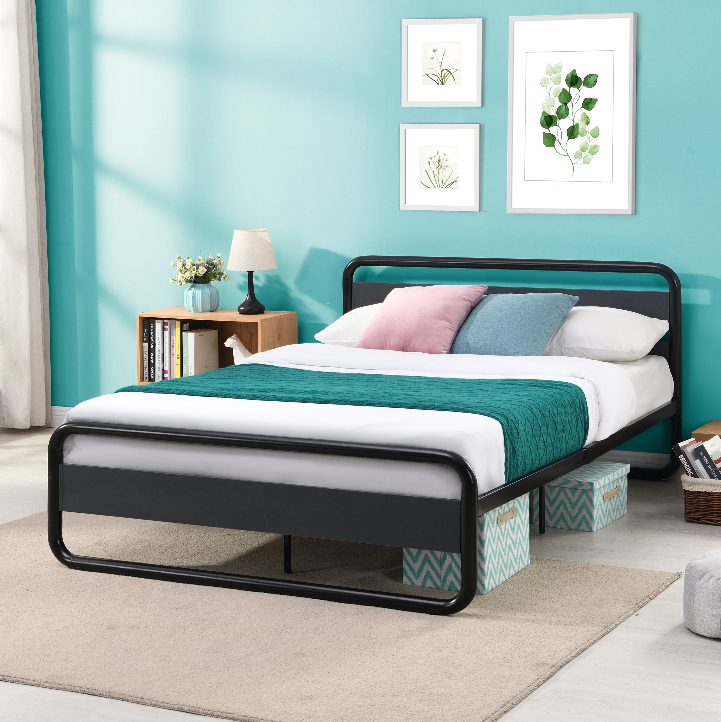 Industrial Platform Queen Bed Frame/Mattress Foundation with Rustic Headboard and Footboard, Strong Steel Slat Support, No Box Spring Needed, Noise Free, Easy Assembly - Atlantic Fine Furniture Melbourne FL