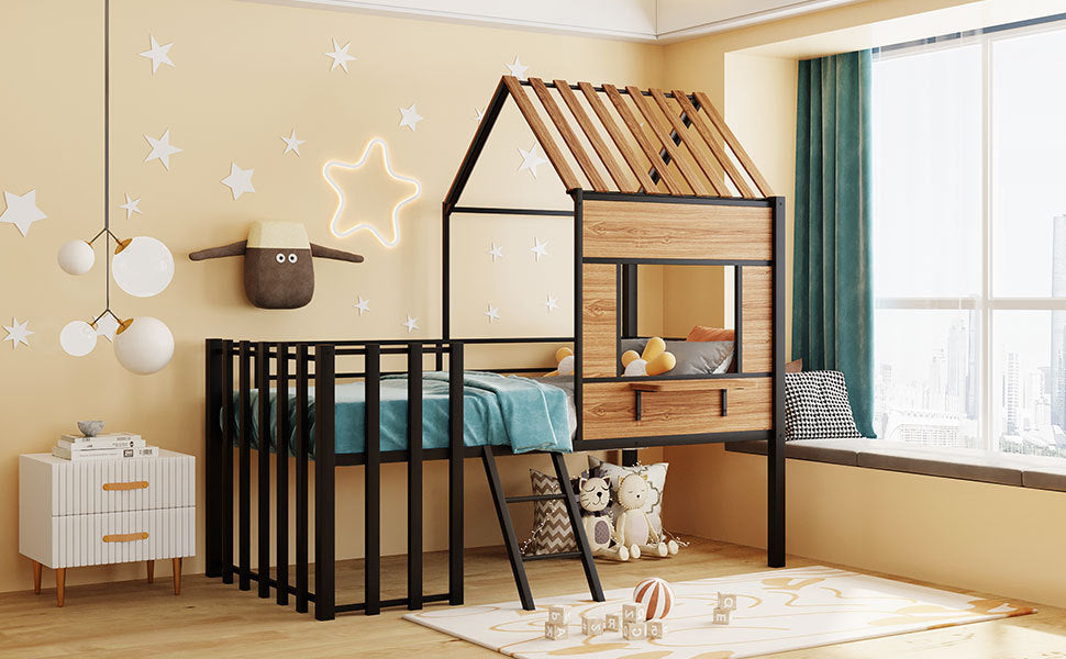 Metal Twin size Loft Bed with Roof, Window, Guardrail, Ladder Black - Atlantic Fine Furniture Melbourne FL