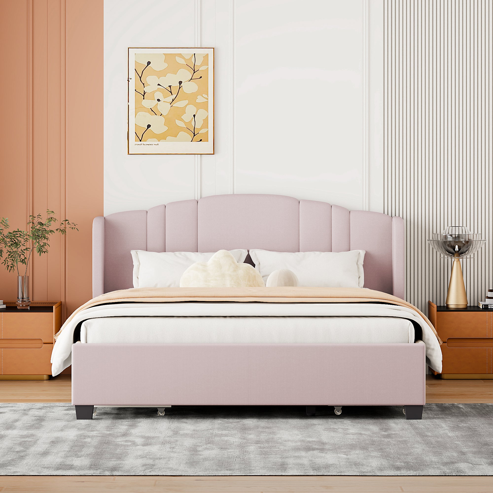 Upholstered Platform Bed with Wingback Headboard and 4 Drawers, No Box Spring Needed, Linen Fabric, Queen Size Pink - Atlantic Fine Furniture Melbourne FL