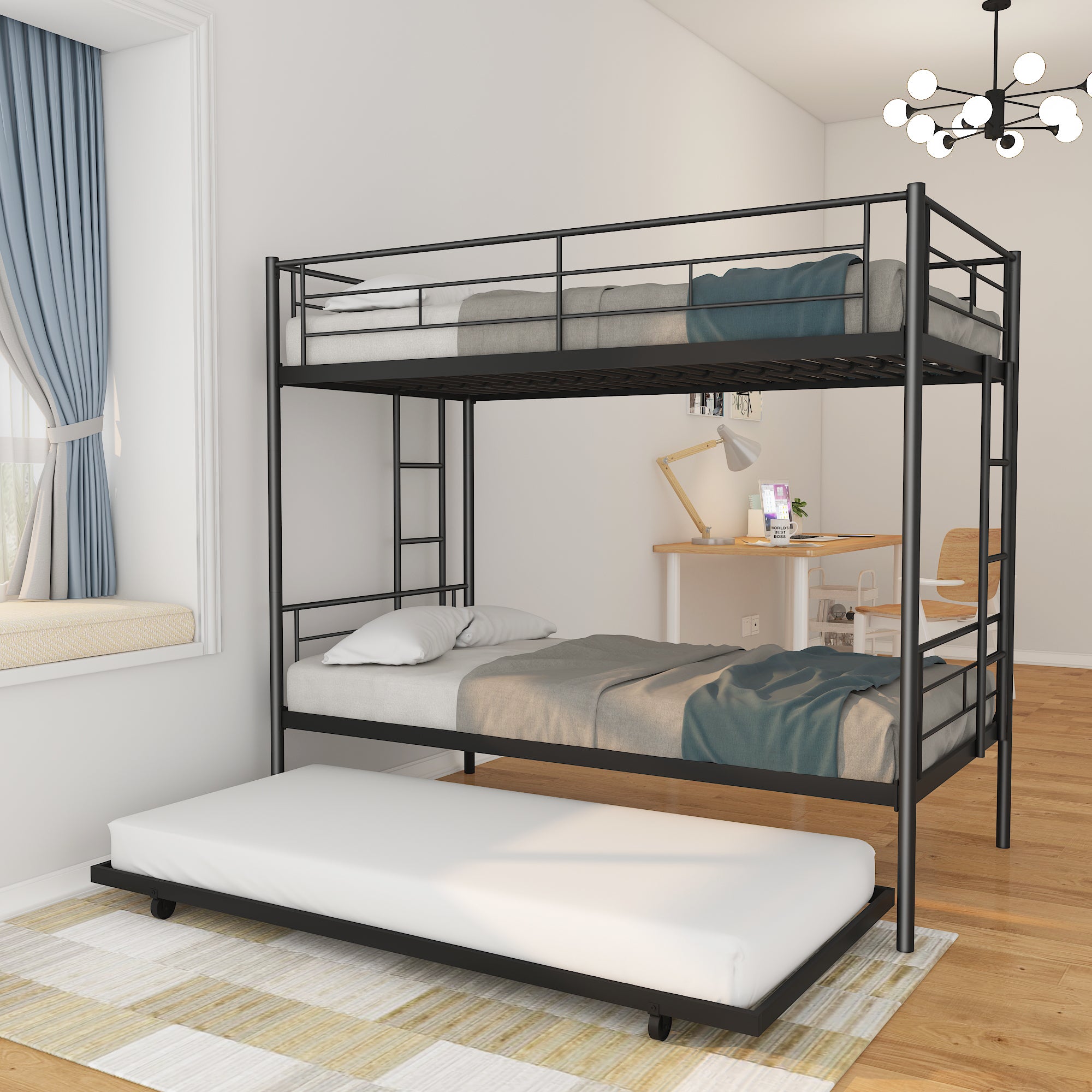 Twin Over Twin Metal Bunk Bed Frame with Trundle(Upgrade reinforcement version) - Atlantic Fine Furniture Melbourne FL