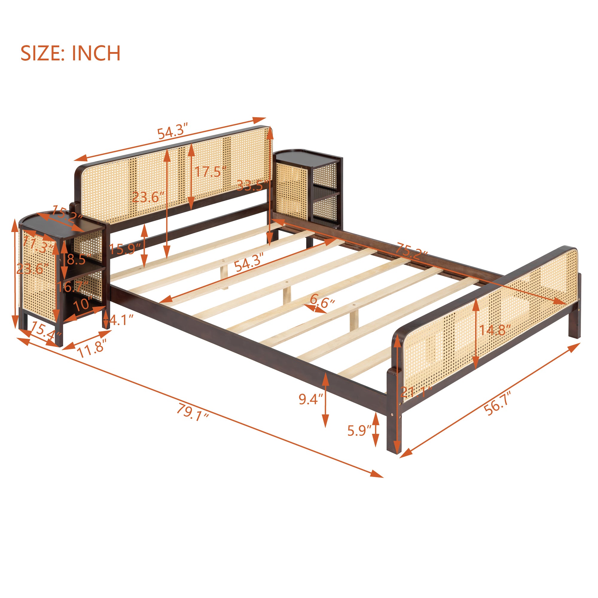 3 Pieces Rattan Platform Full Size Bed With 2 Nightstands,Walnut - Atlantic Fine Furniture Melbourne FL
