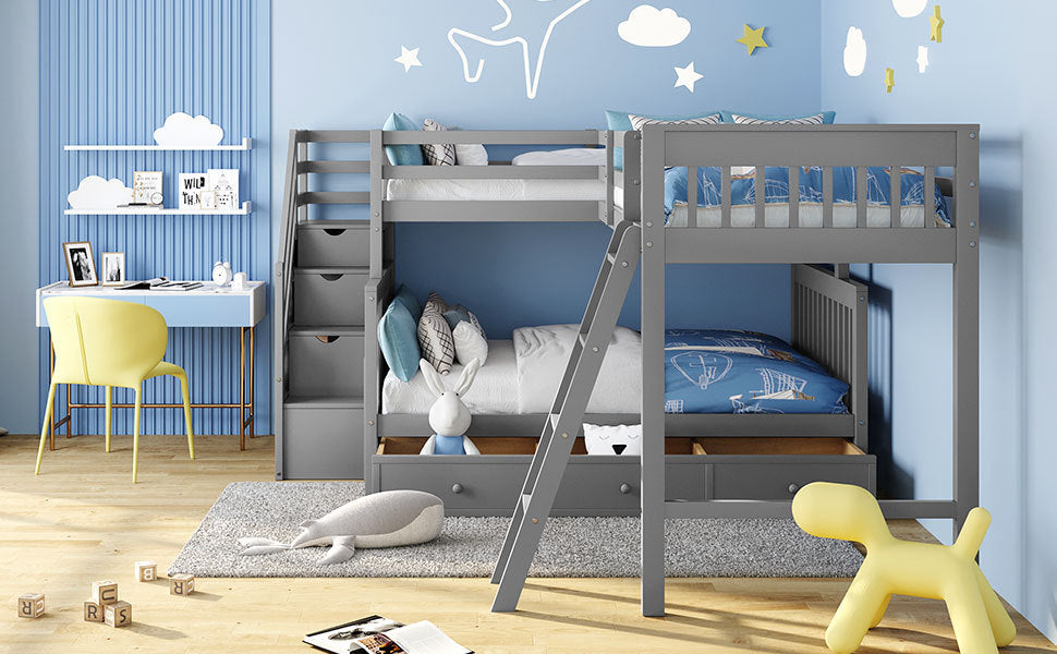 Twin over Full L-Shaped Bunk Bed With 3 Drawers, Ladder and Staircase - Gray - Atlantic Fine Furniture Melbourne FL