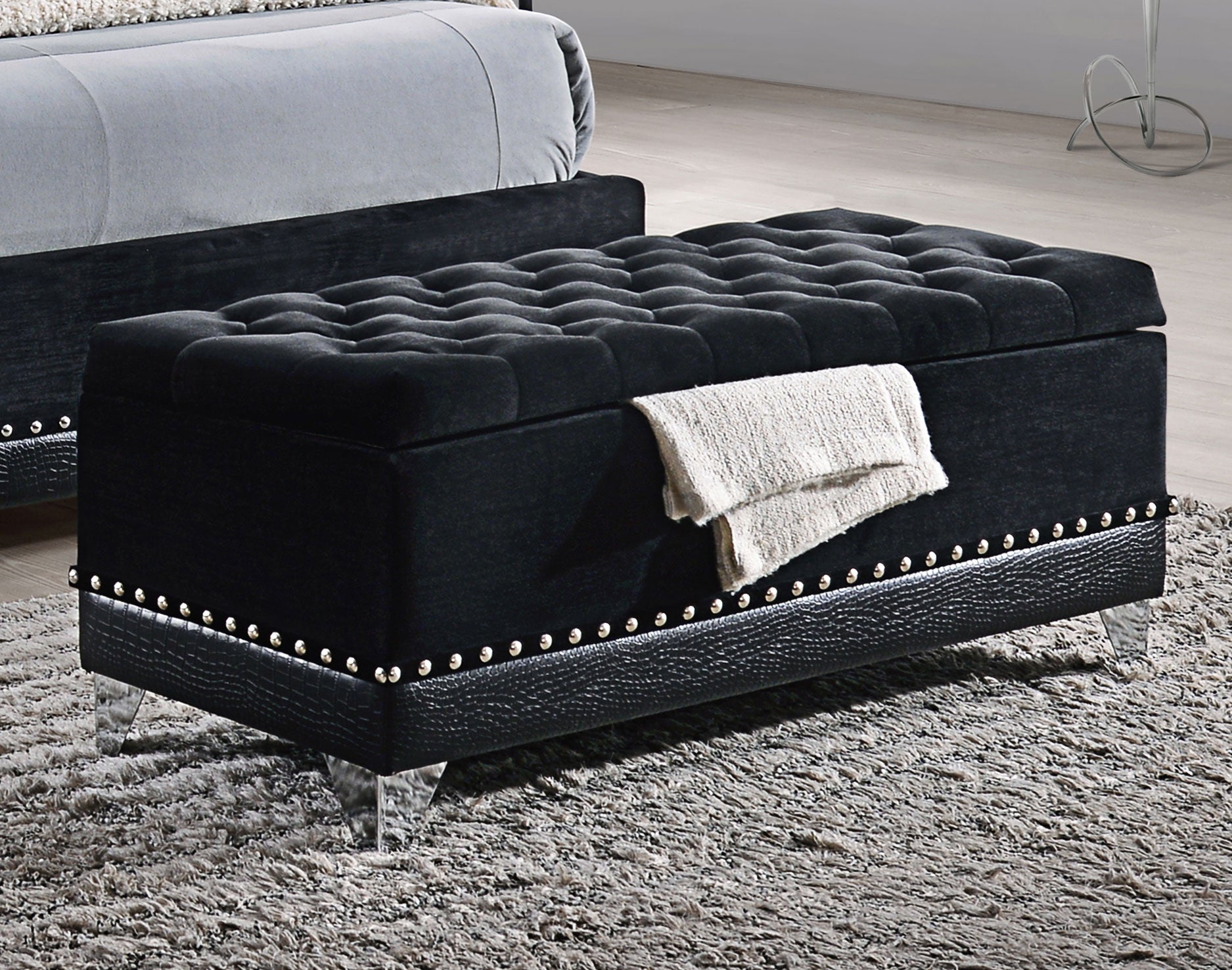 Barzini Velvet Upholstered Tufted Storage Bench Black — view 2