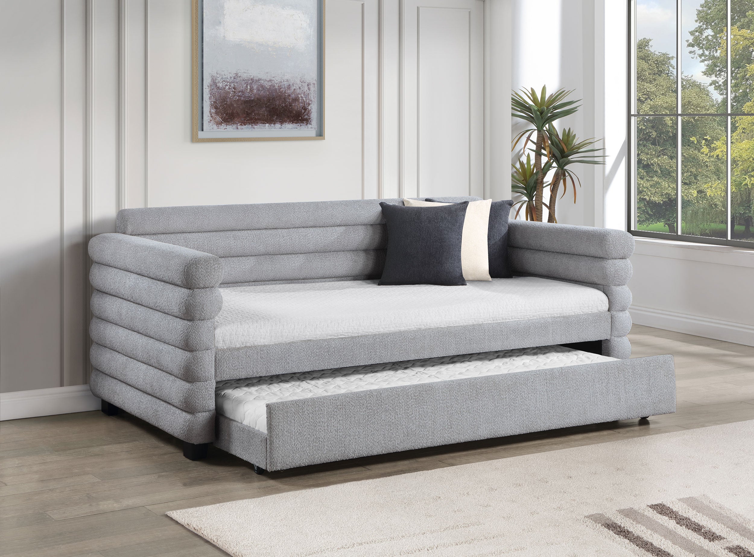 Patricia Boucle Upholstered Twin Day Bed with Trundle Grey — view 2