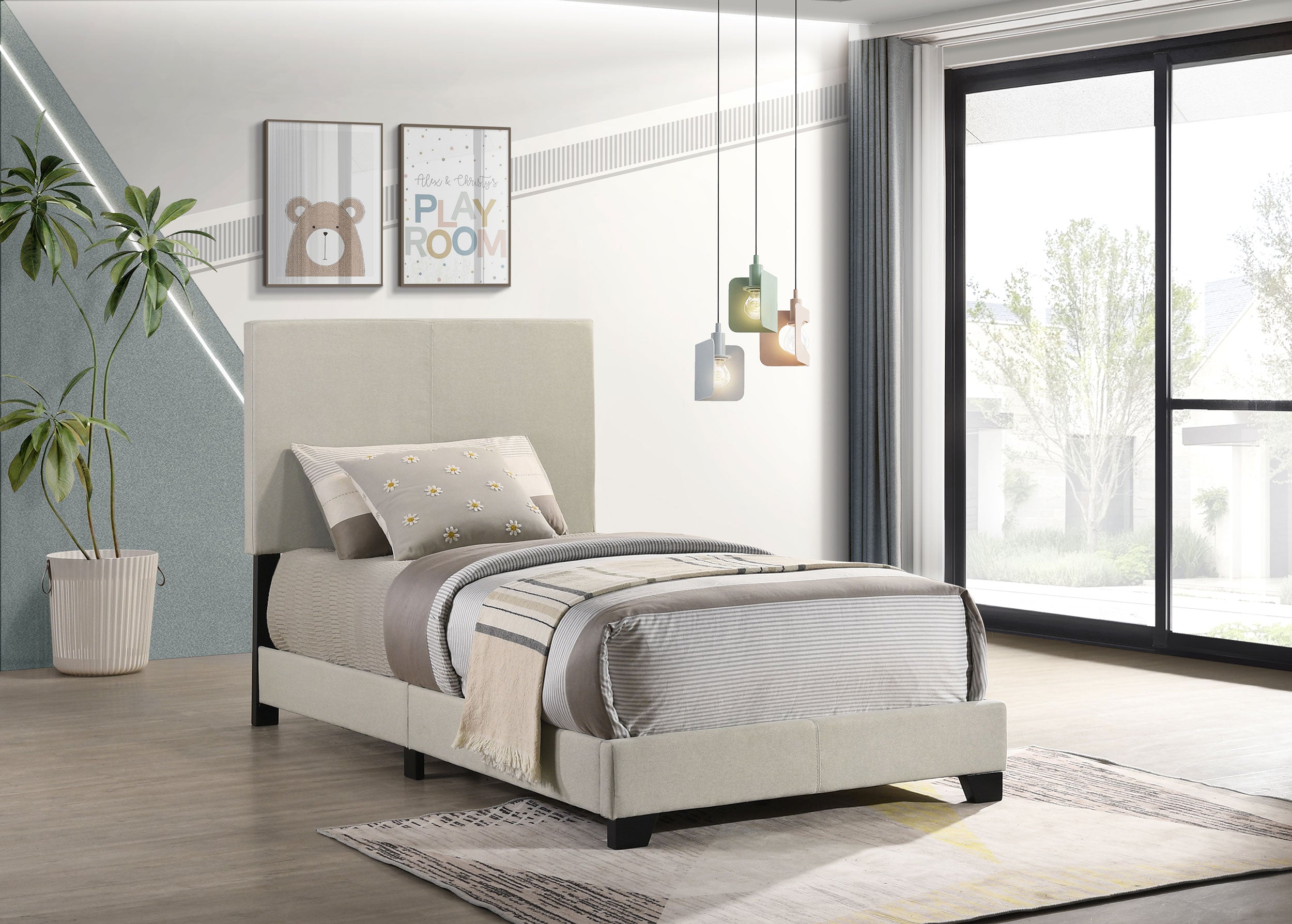 Dorian Fabric Upholstered Twin Panel Bed Cream — view 2
