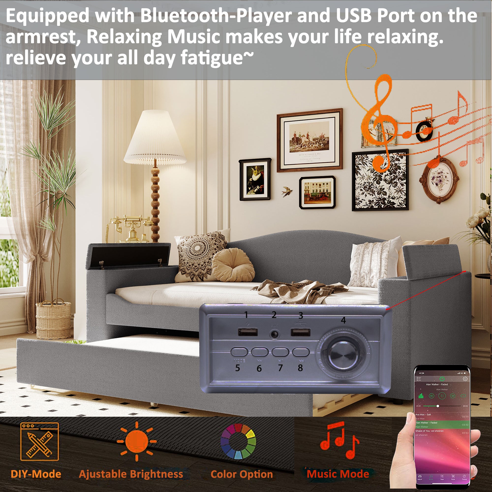 Twin Size Upholstered Daybed with Storage Armrests, Trundle and Latest Integrated Bluetooth Audio System, Teddy Fleece, Gray - Atlantic Fine Furniture Melbourne FL