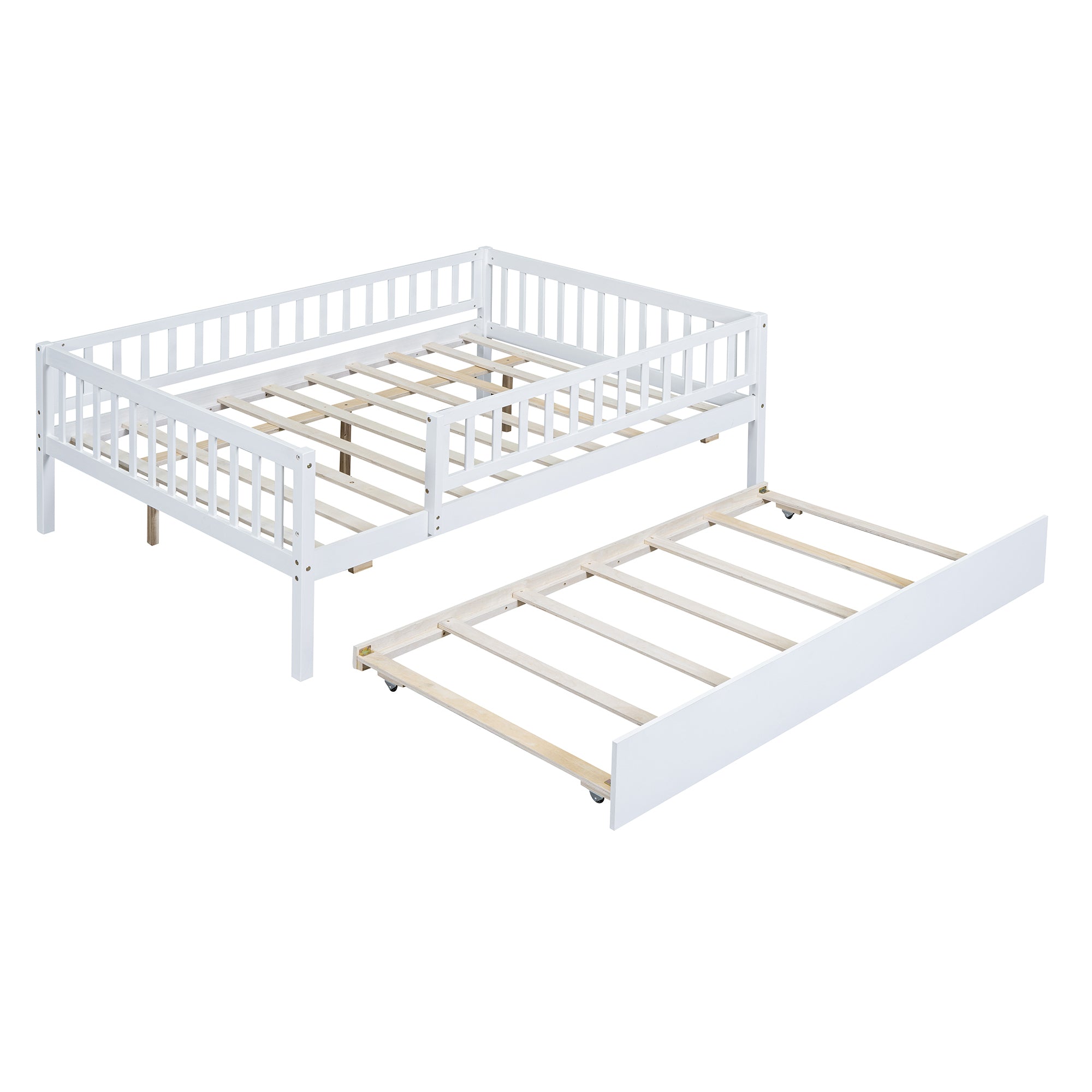 Full Size Wood Daybed with Trundle and Fence Guardrails, White - Atlantic Fine Furniture Melbourne FL