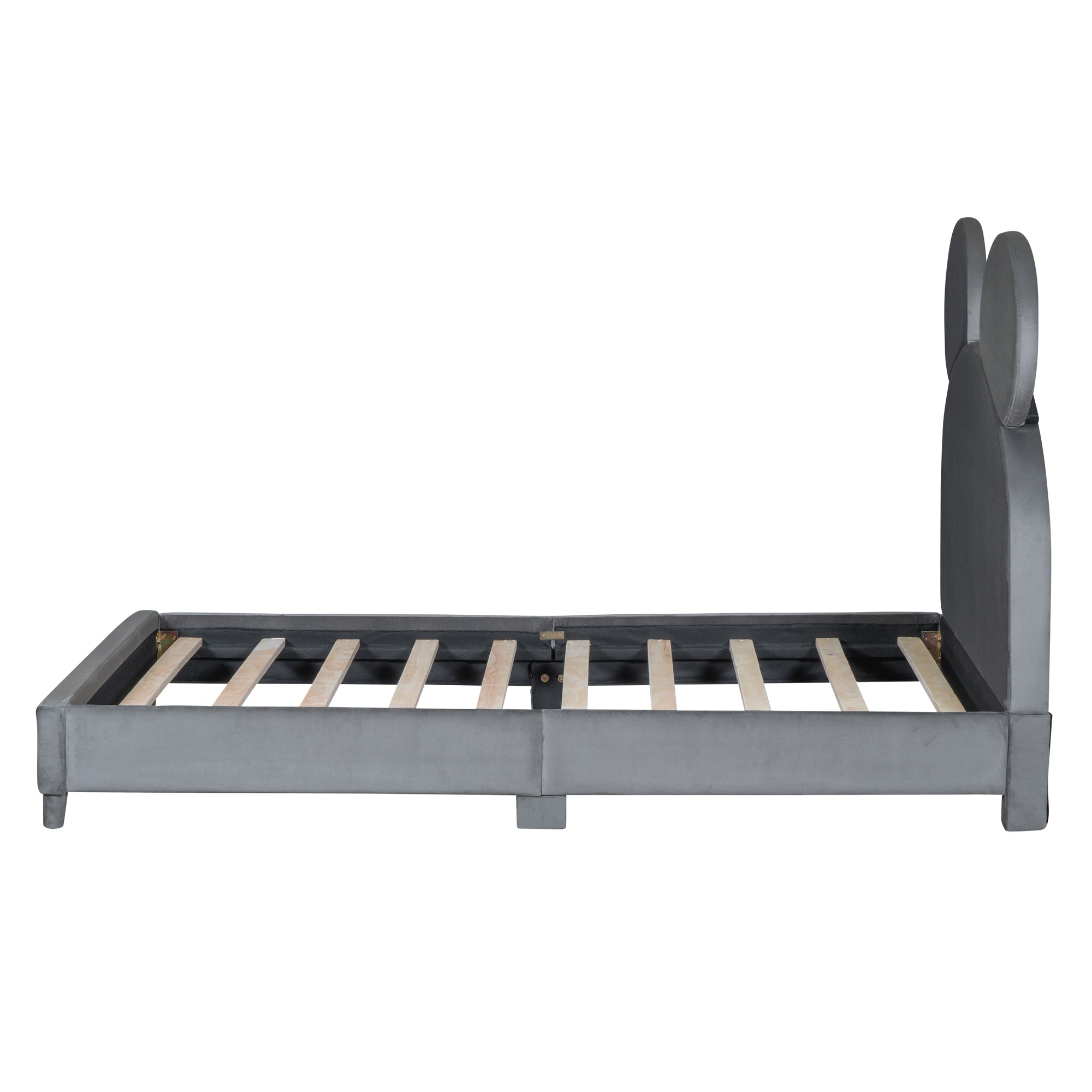 Twin Size Upholstered Platform Bed with Bear Ear Shaped Headboard, Gray - Atlantic Fine Furniture Melbourne FL