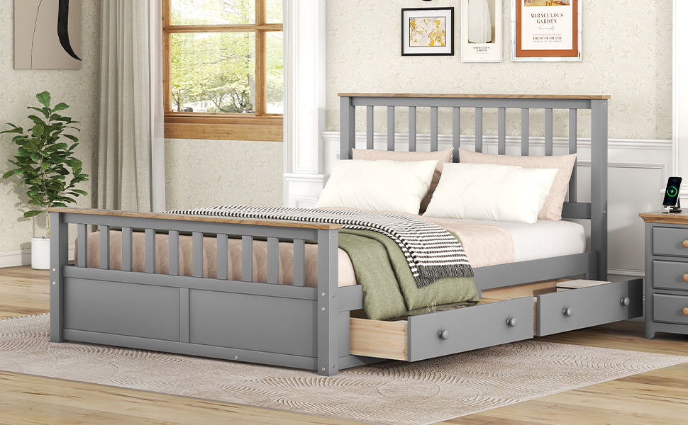 Queen Size Wood Platform Bed with Two Drawers and Wooden Slat Support,Gray+Natrual - Atlantic Fine Furniture Melbourne FL