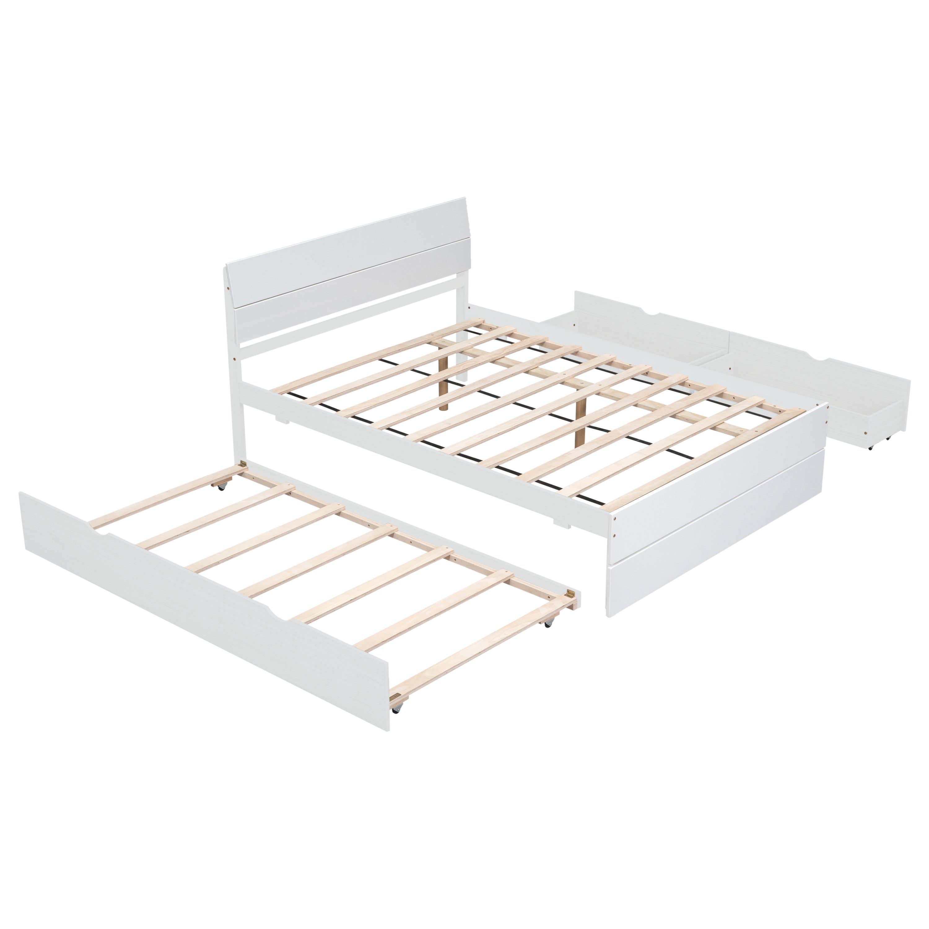 Modern Full Bed Frame With Twin Size Trundle And 2 Drawers For White High Gloss and Washed White Color