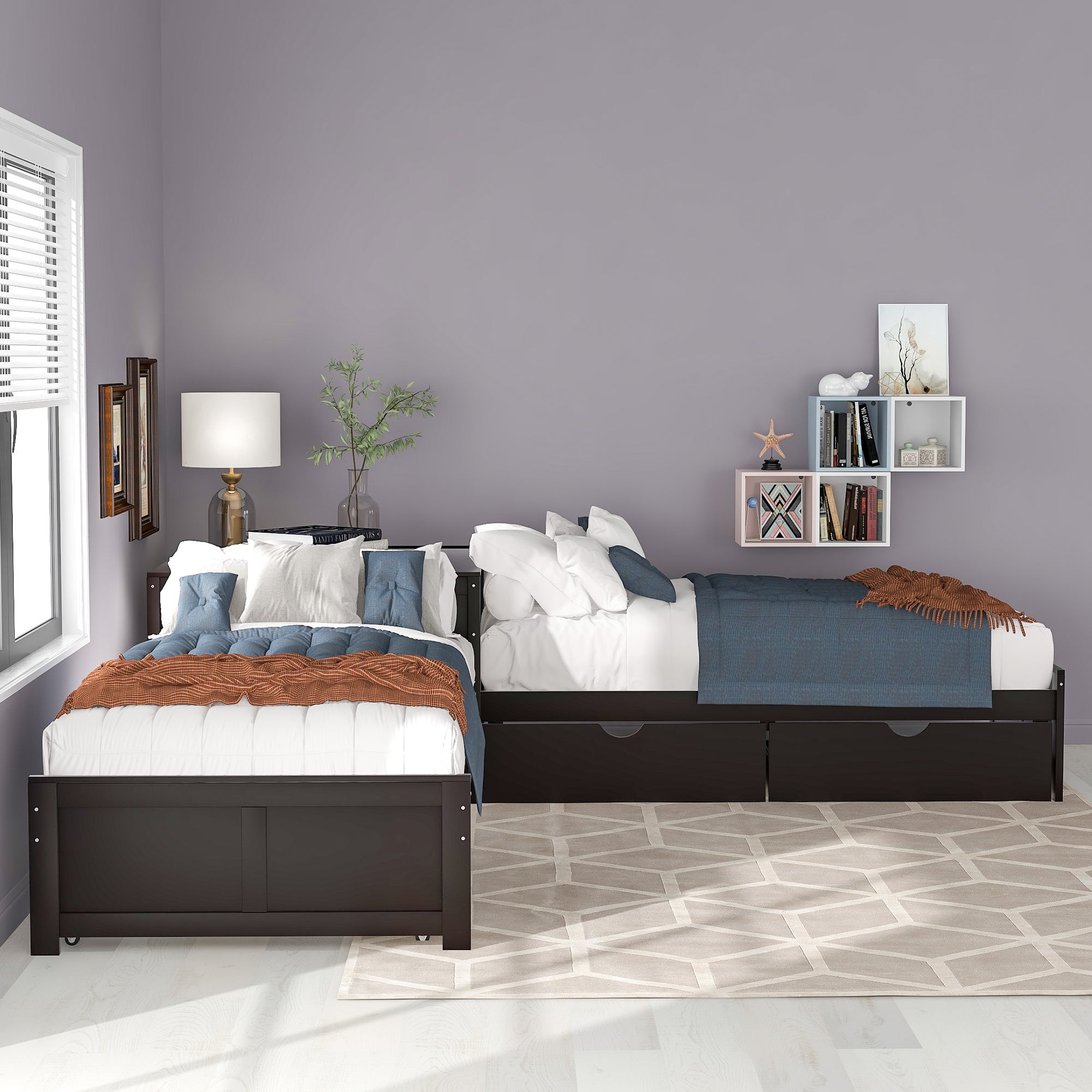 L-shaped Platform Bed with Trundle and Drawers Linked with built-in Desk,Twin,Espresso - Atlantic Fine Furniture Melbourne FL
