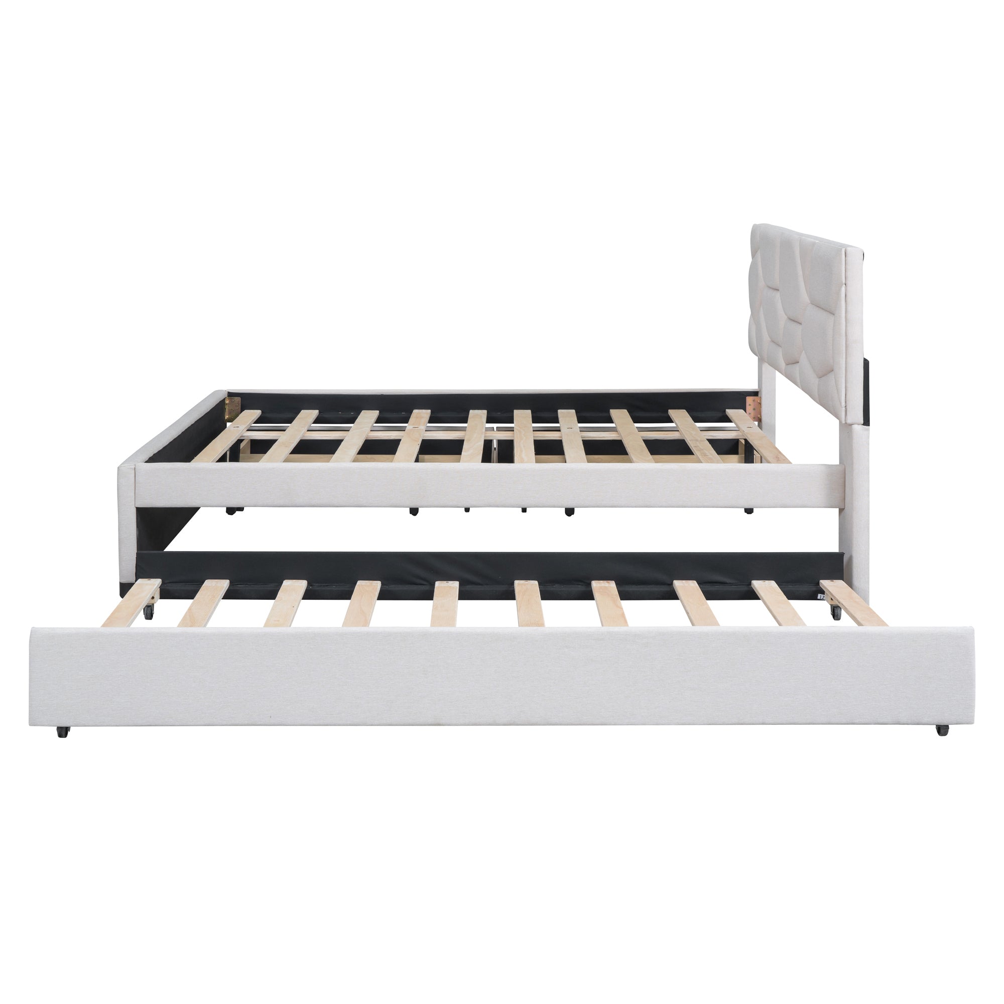 Full Size Upholstered Platform Bed with Brick Pattern Headboard, with Twin Size Trundle and 2 Drawers, Linen Fabric, Beige - Atlantic Fine Furniture Melbourne FL