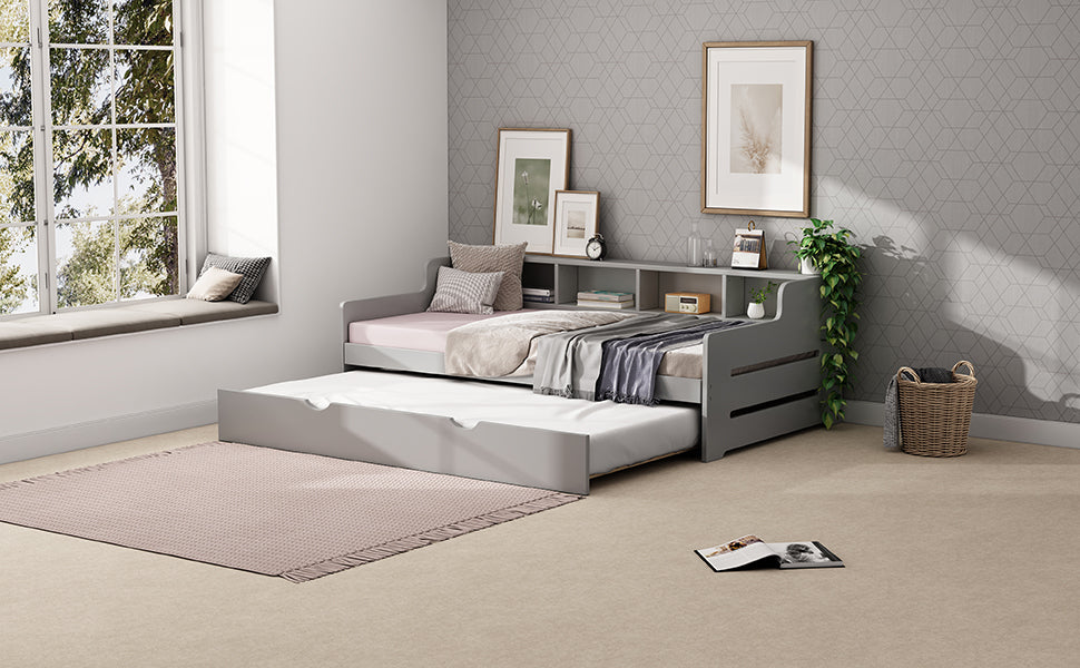 Twin Size Wooden Day Bed with Trundle for Guest Room, Small Bedroom, Study Room, Gray - Atlantic Fine Furniture Melbourne FL