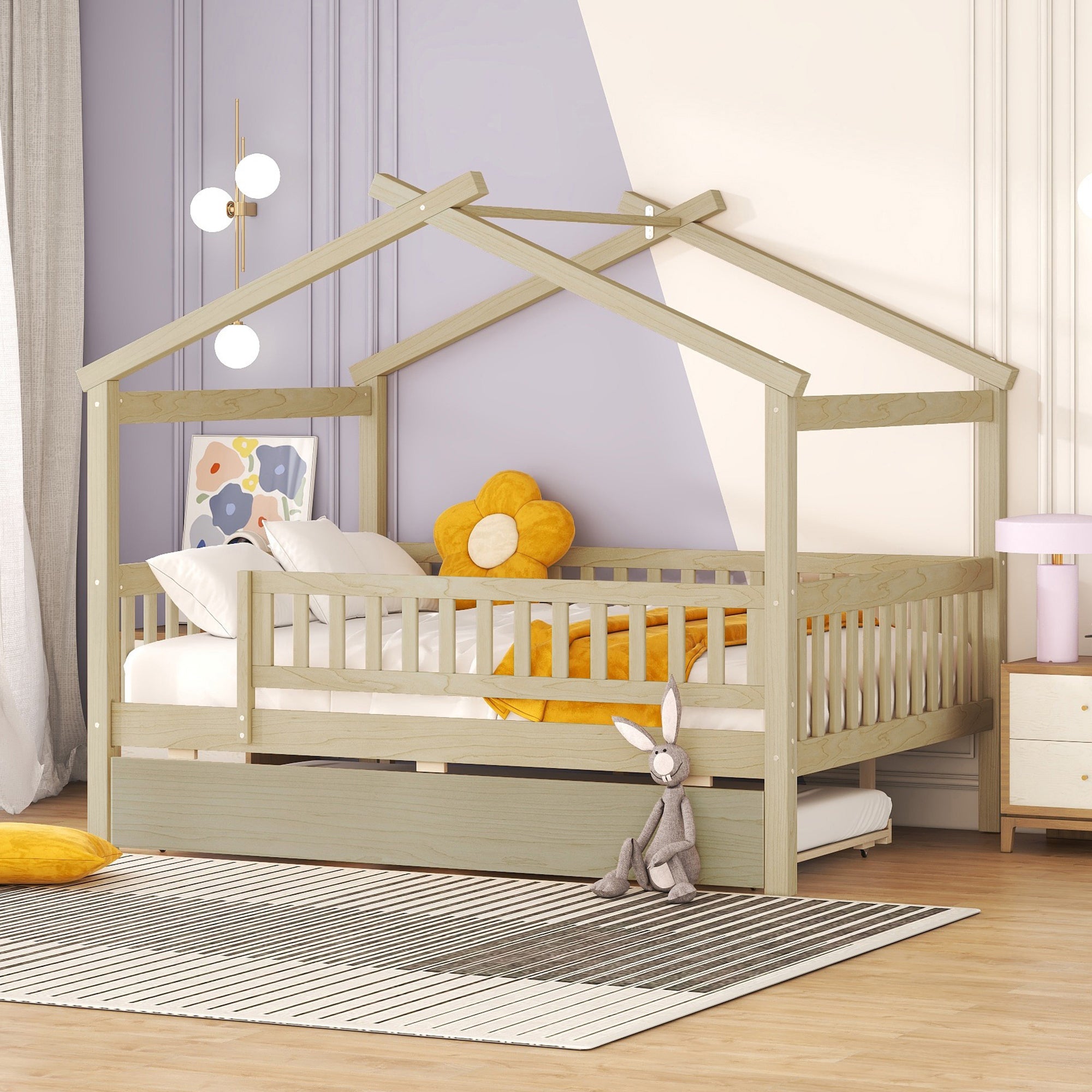 Full Size Wooden House Bed with Twin Size Trundle, Natural - Atlantic Fine Furniture Melbourne FL