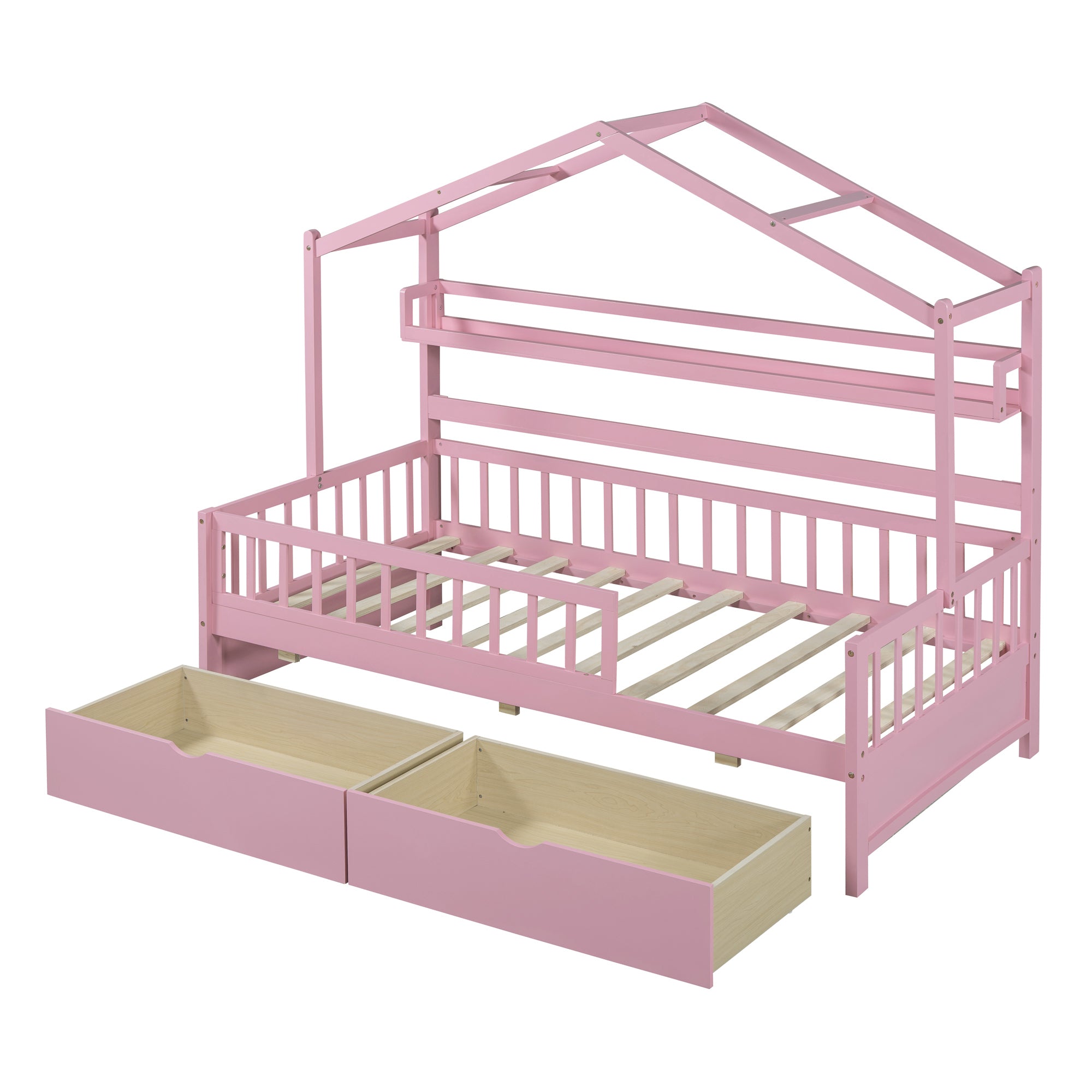 Wooden Twin Size House Bed with 2 Drawers,Kids Bed with Storage Shelf, Pink - Atlantic Fine Furniture Melbourne FL