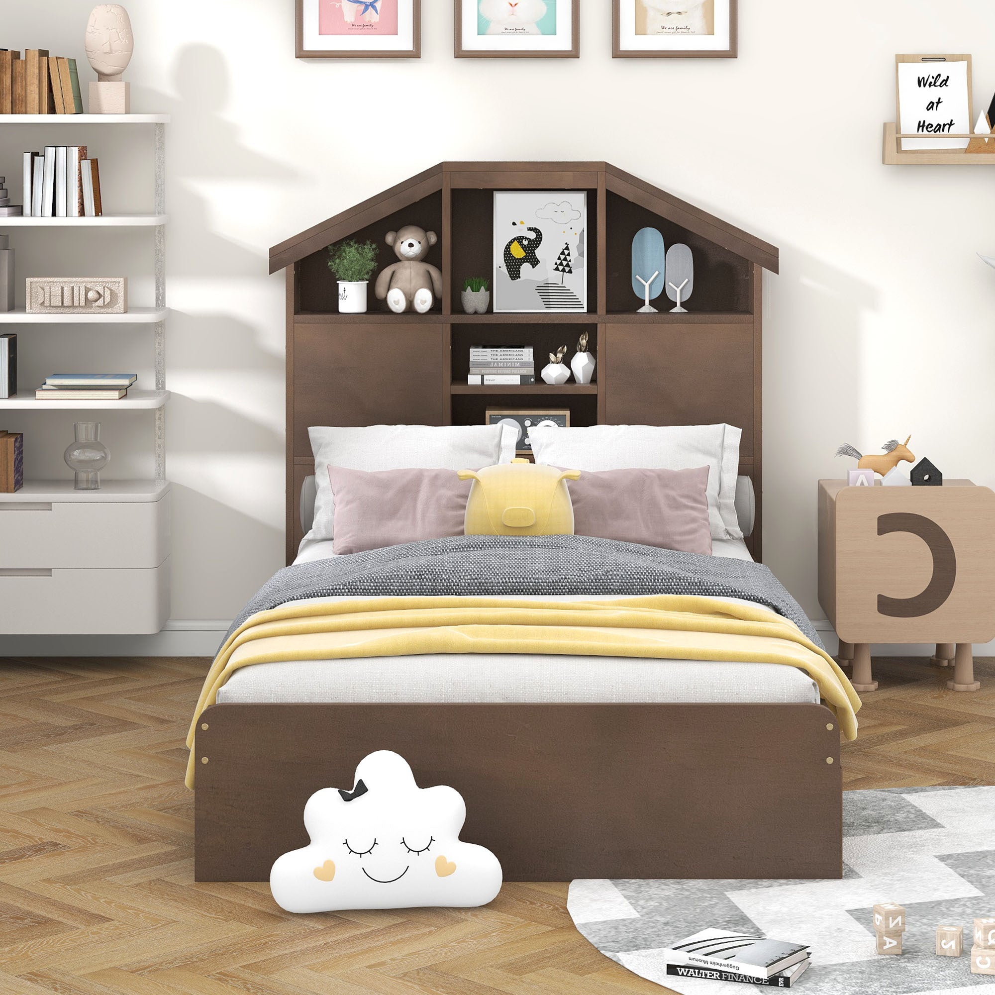 Twin Size Wood Platform Bed with House-shaped Storage Headboard and 2 Drawers, Walnut - Atlantic Fine Furniture Melbourne FL