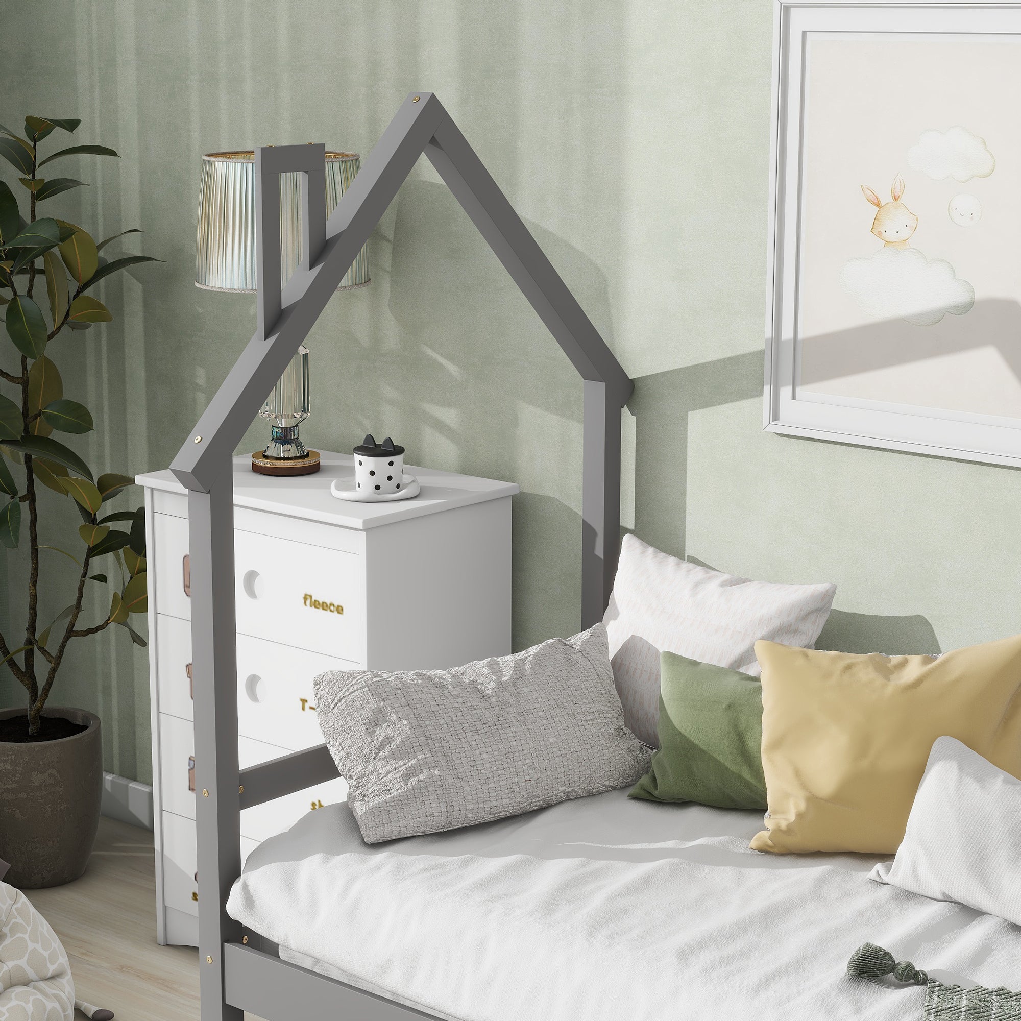 Twin House Wooden Daybed with trundle, Twin House-Shaped Headboard bed with Guardrails,Grey