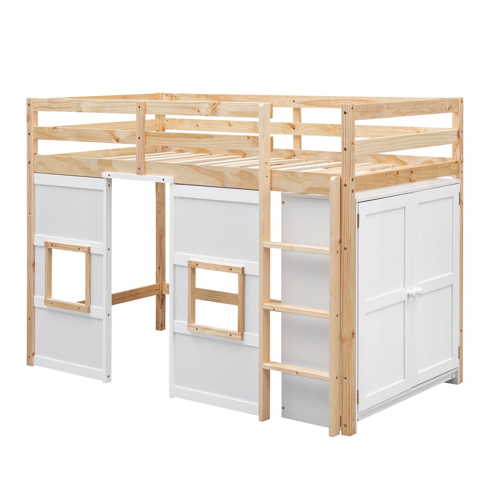 Wood Twin Size Loft Bed with Built-in Storage Wardrobe and 2 Windows, Natural/White - Atlantic Fine Furniture Melbourne FL