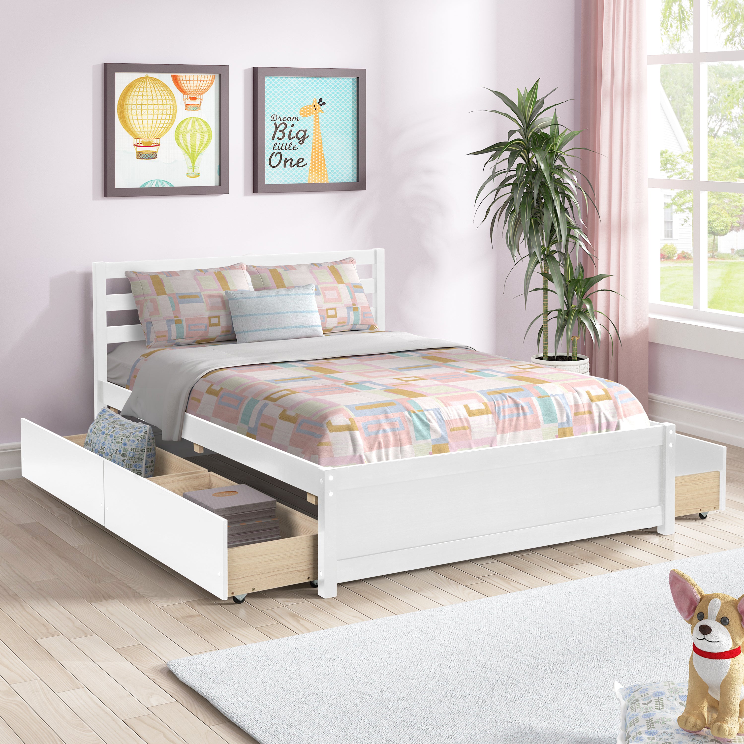 Full Size Wood Platform Bed Frame with 4 Storage Drawers and Headboard of White Color for All Ages - Atlantic Fine Furniture Melbourne FL
